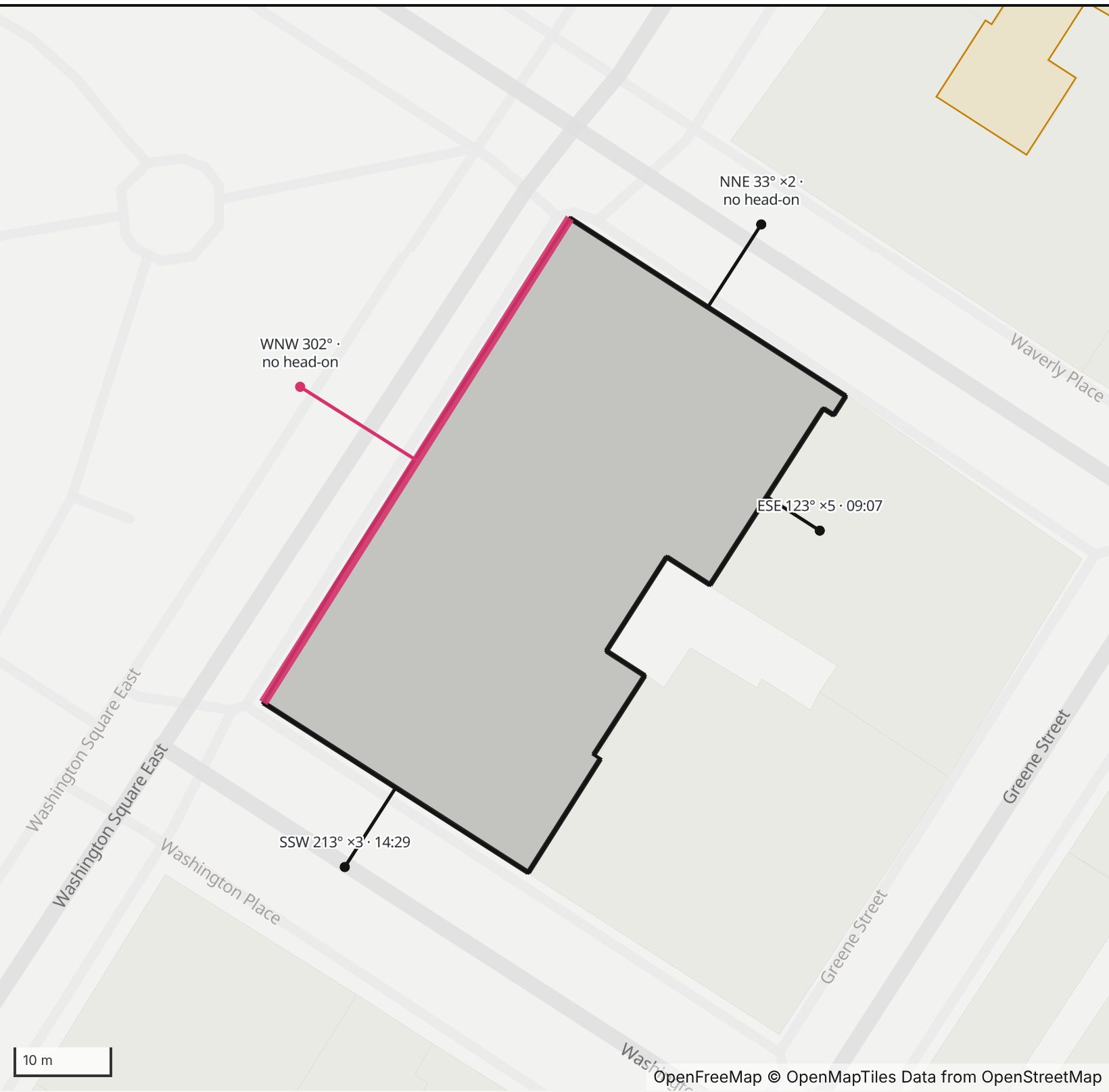 Map of the Silver Center for Arts and Science on Washington Square East in Henge Days, with its west-northwest front on the park highlighted in pink and every wall labeled with its bearing.