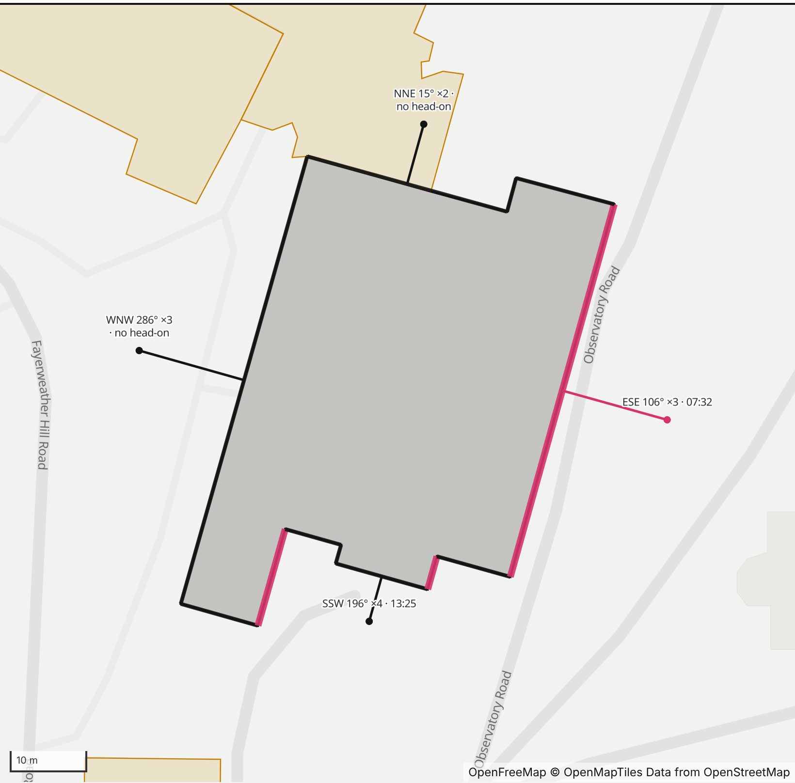Map of Wilder Hall, Dartmouth College in Henge Days, with the east-southeast wall highlighted and every wall labeled with its bearing