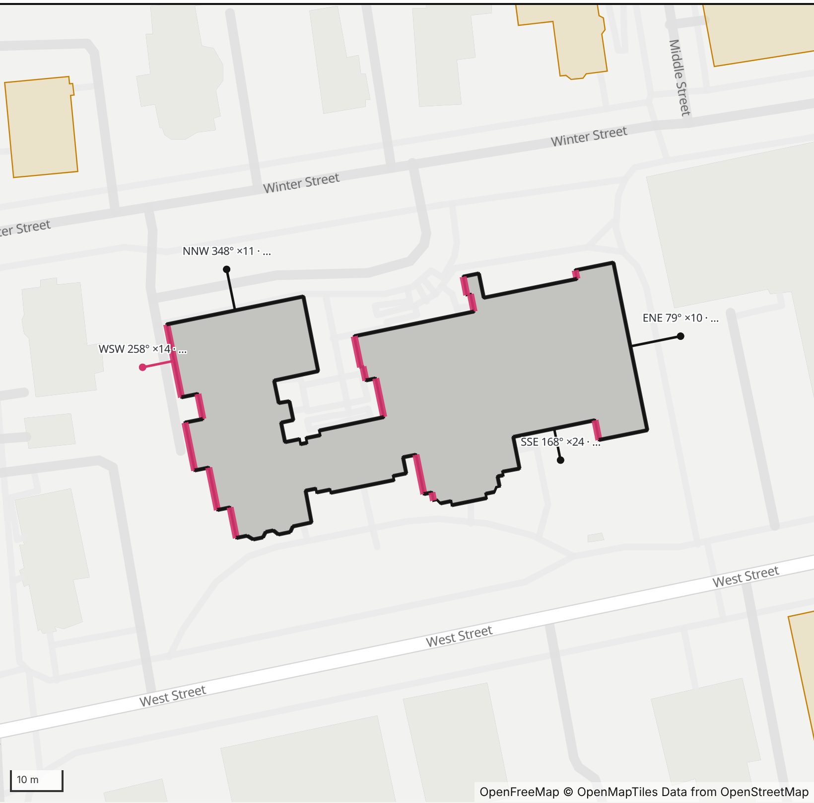Map of Keene Public Library (Henry Colony House) in Henge Days, with the west-southwest wall highlighted and every wall labeled with its bearing