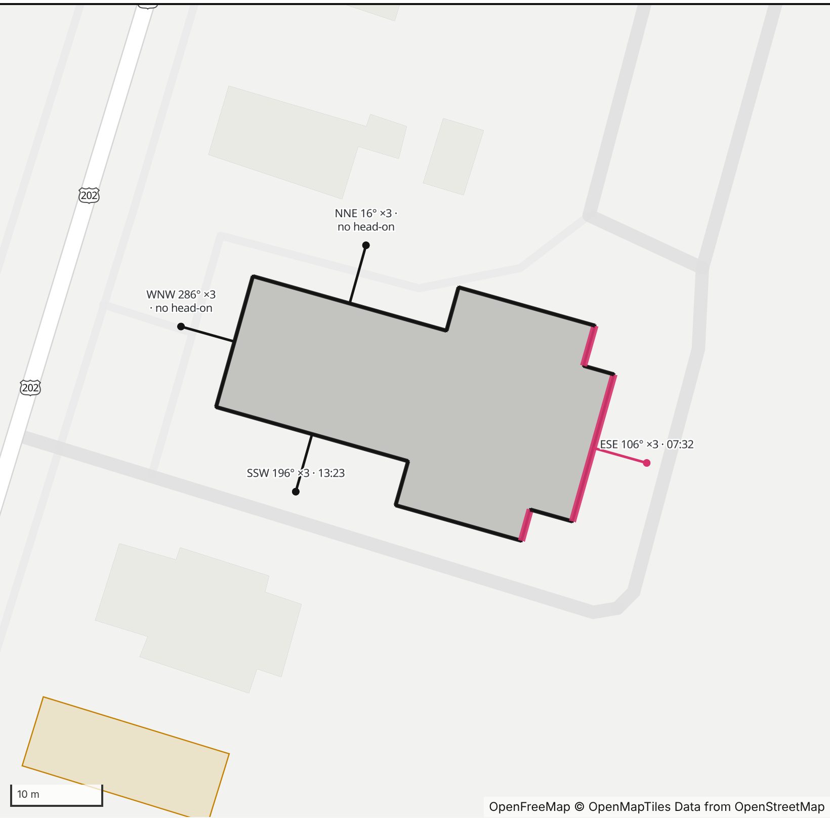 Map of Union Congregational Church in Henge Days, with the east-southeast wall highlighted and every wall labeled with its bearing