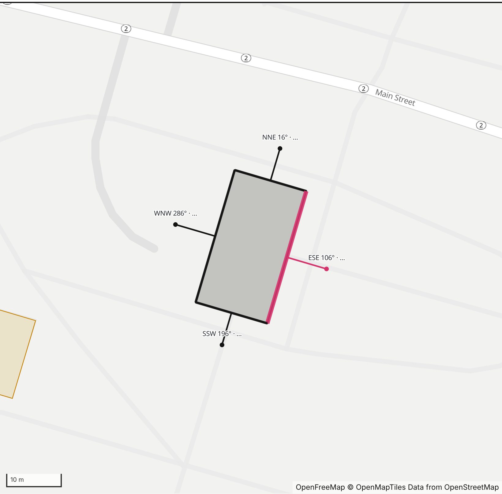 Map of West College, Williams College in Henge Days, with the east-southeast wall highlighted and every wall labeled with its bearing