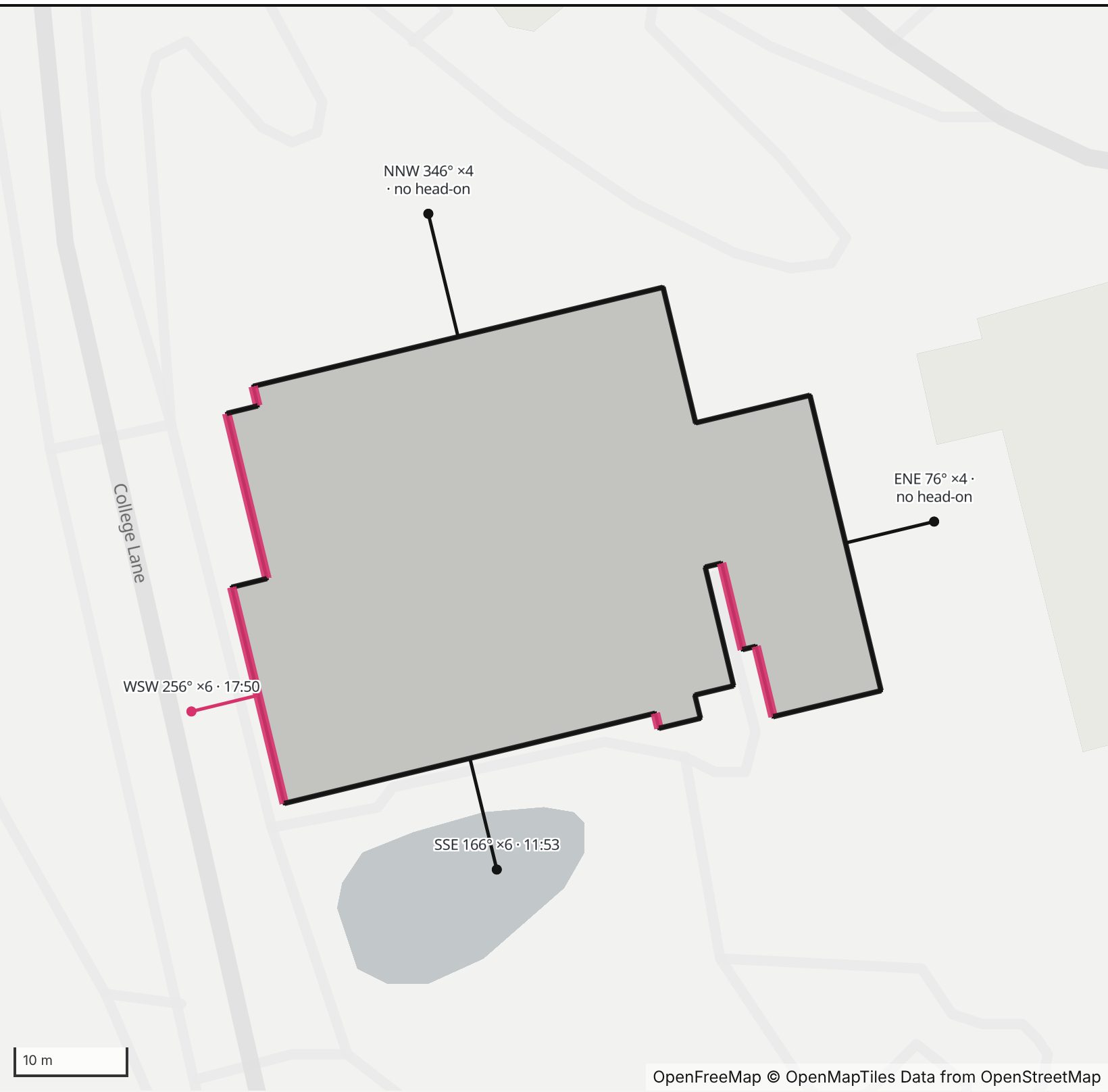 Map of Lyman Plant House, Smith College in Henge Days, with the west-southwest wall highlighted and every wall labeled with its bearing
