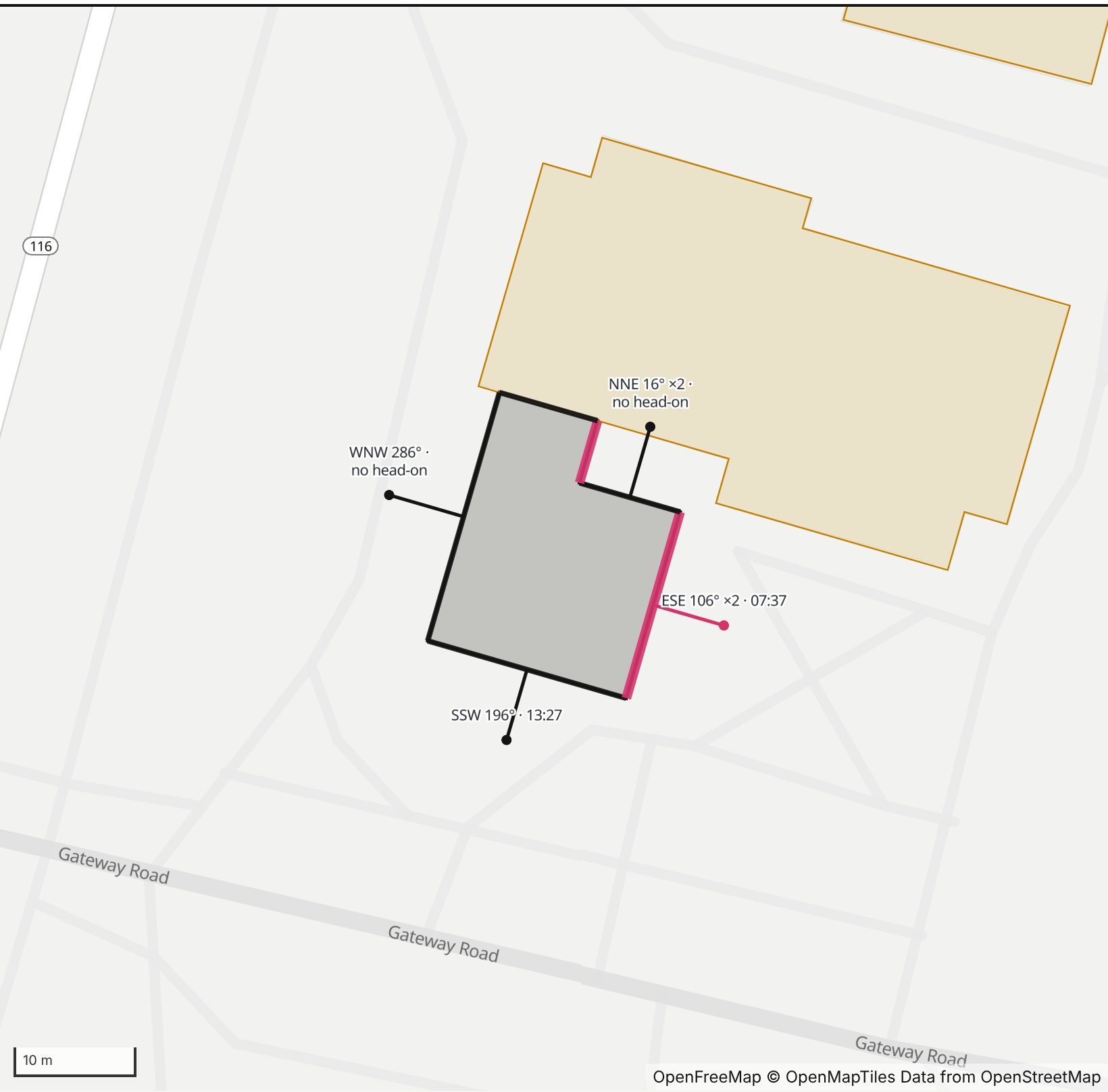 Map of Mary Lyon Hall and Abbey Chapel, Mount Holyoke College in Henge Days, with the east-southeast wall highlighted and every wall labeled with its bearing