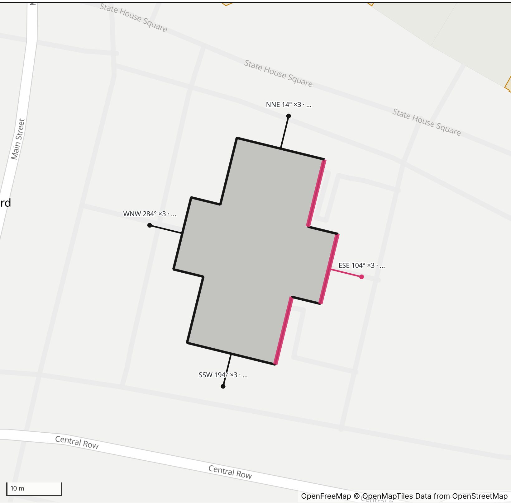 Map of Old State House in Henge Days, with the east-southeast wall highlighted and every wall labeled with its bearing