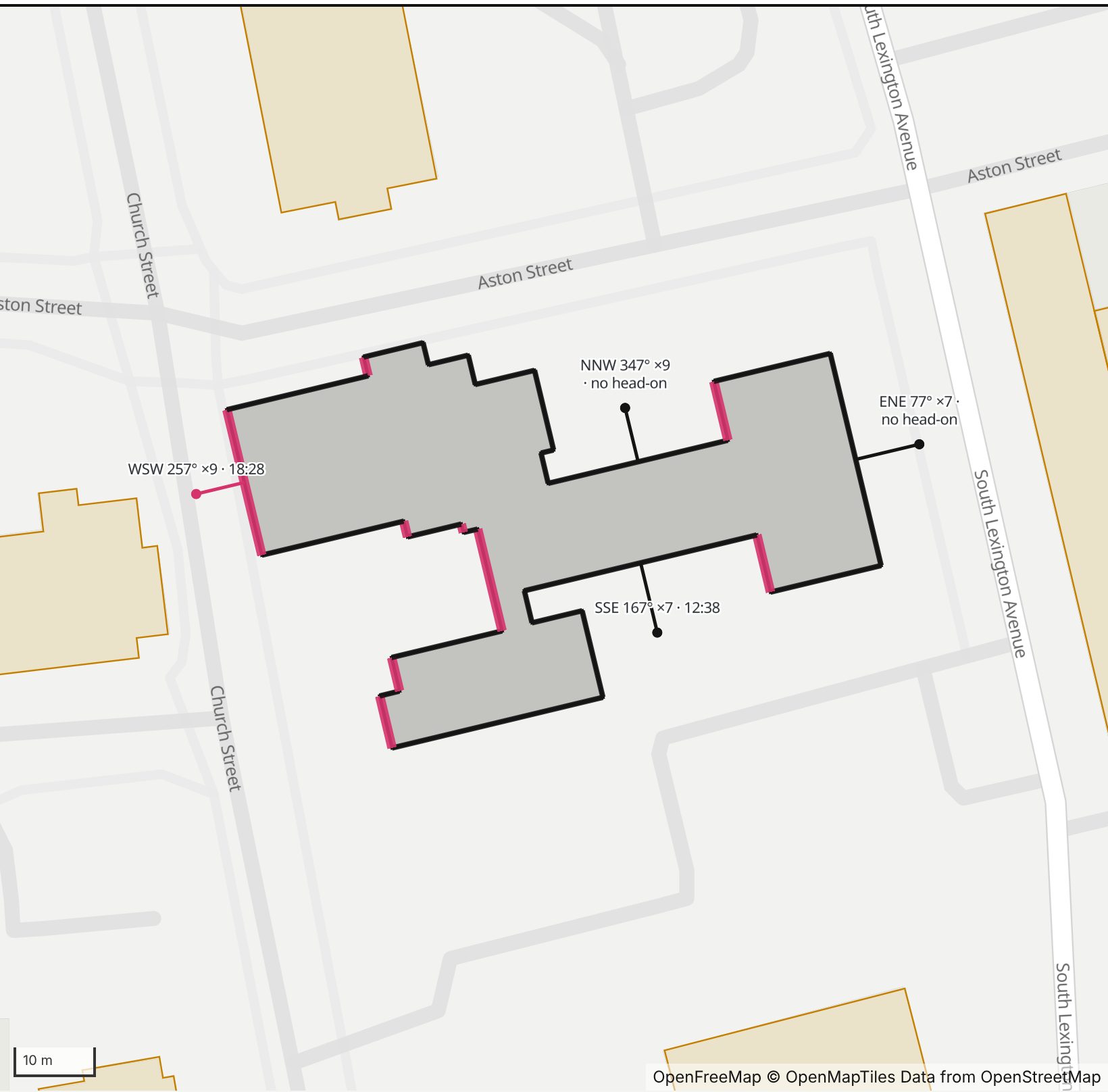 Map of Trinity Episcopal Church in Henge Days, with the west-southwest wall highlighted and every wall labeled with its bearing