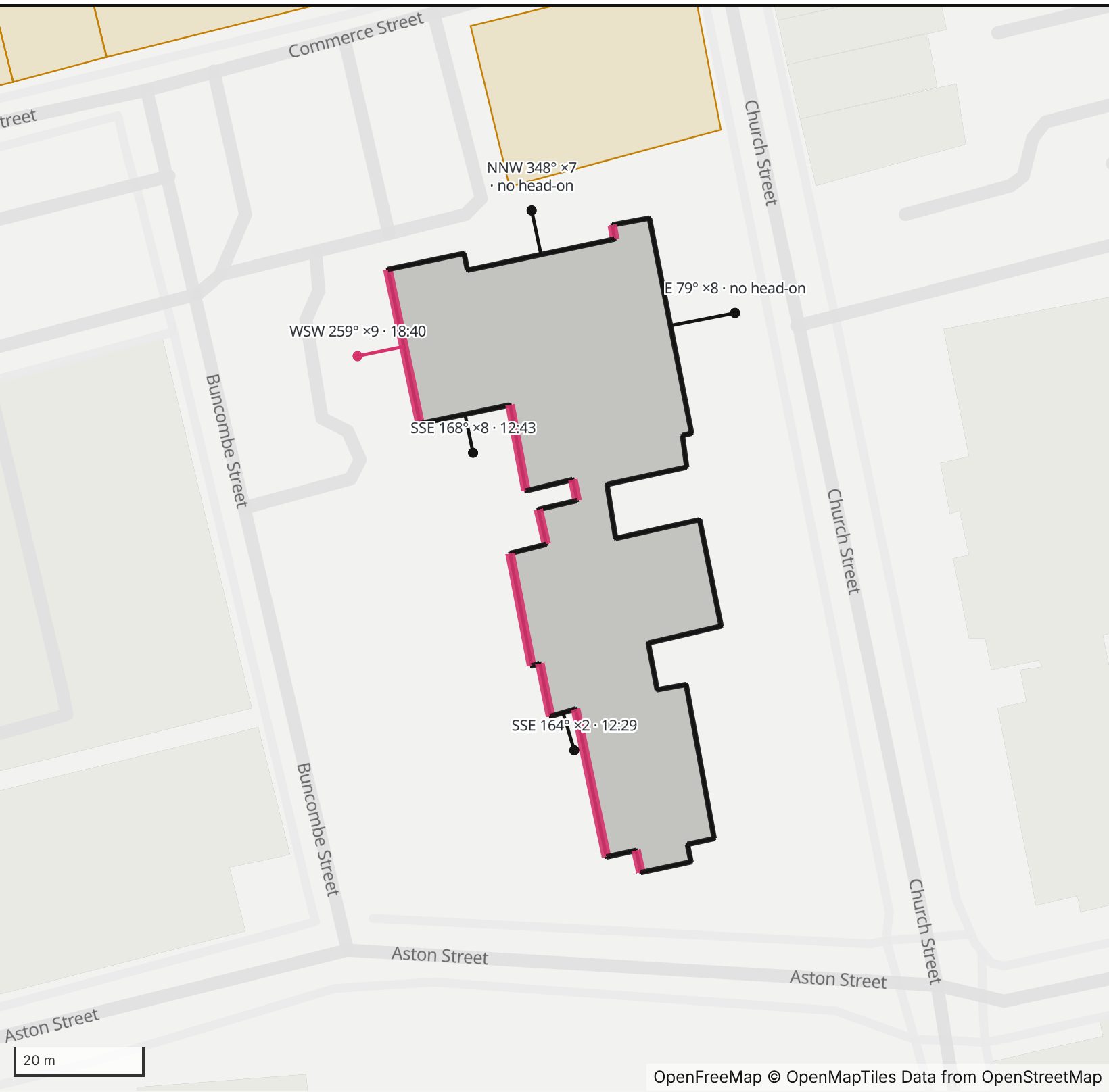 Map of Central United Methodist Church in Henge Days, with the west-southwest wall highlighted and every wall labeled with its bearing