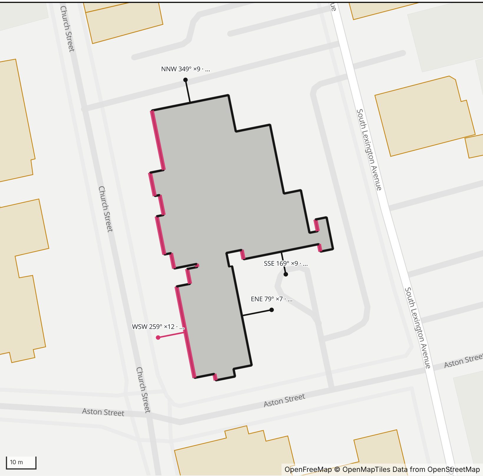 Map of First Presbyterian Church in Henge Days, with the west-southwest wall highlighted and every wall labeled with its bearing