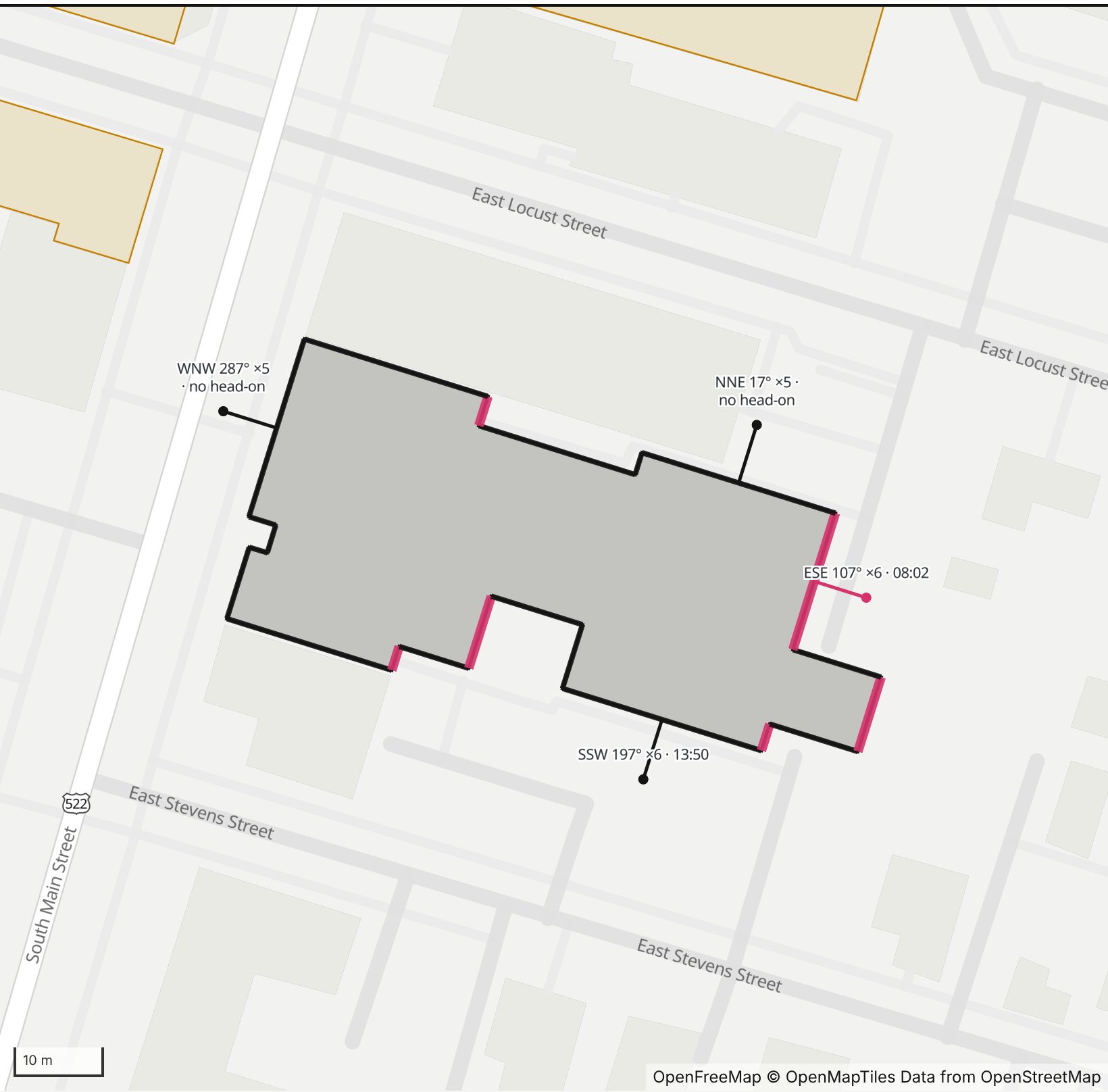 Map of State Theatre in Henge Days, with the east-southeast wall highlighted and every wall labeled with its bearing