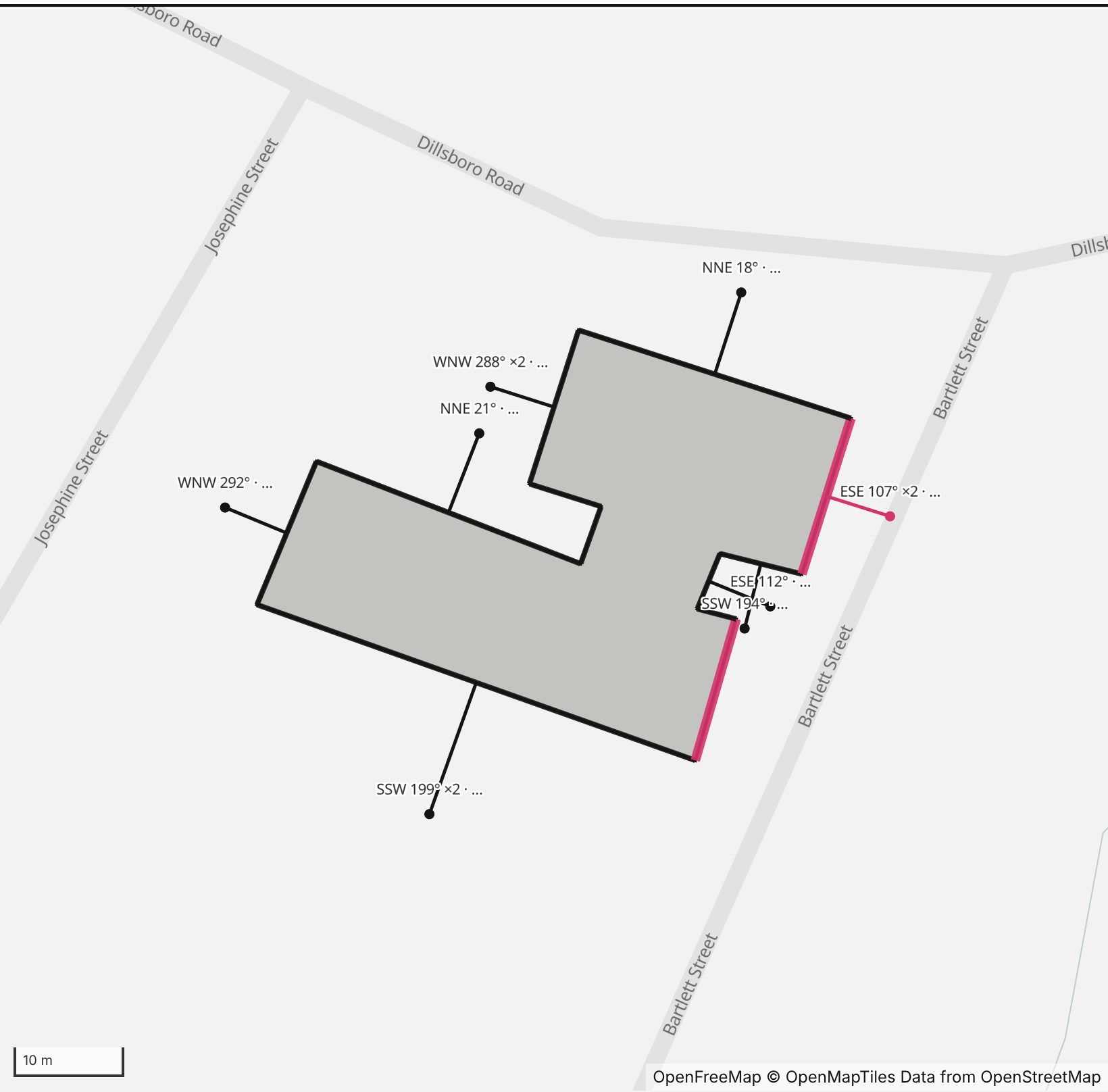 Map of St. Mary's Catholic Church in Henge Days, with the east-southeast wall highlighted and every wall labeled with its bearing