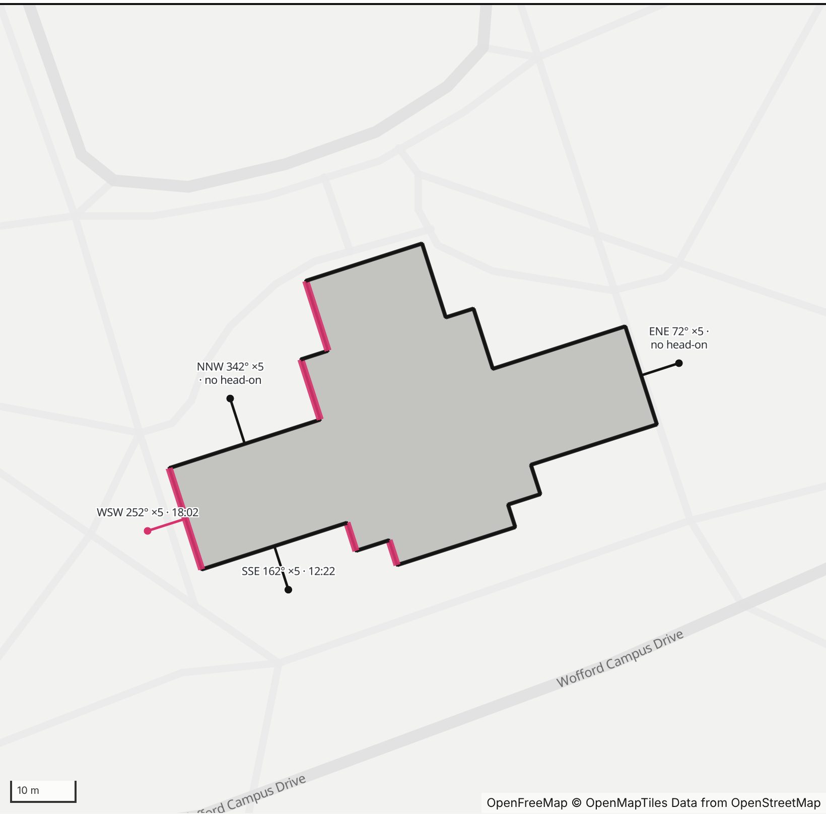 Map of Main Building (Old Main) in Henge Days, with the west-southwest wall highlighted and every wall labeled with its bearing
