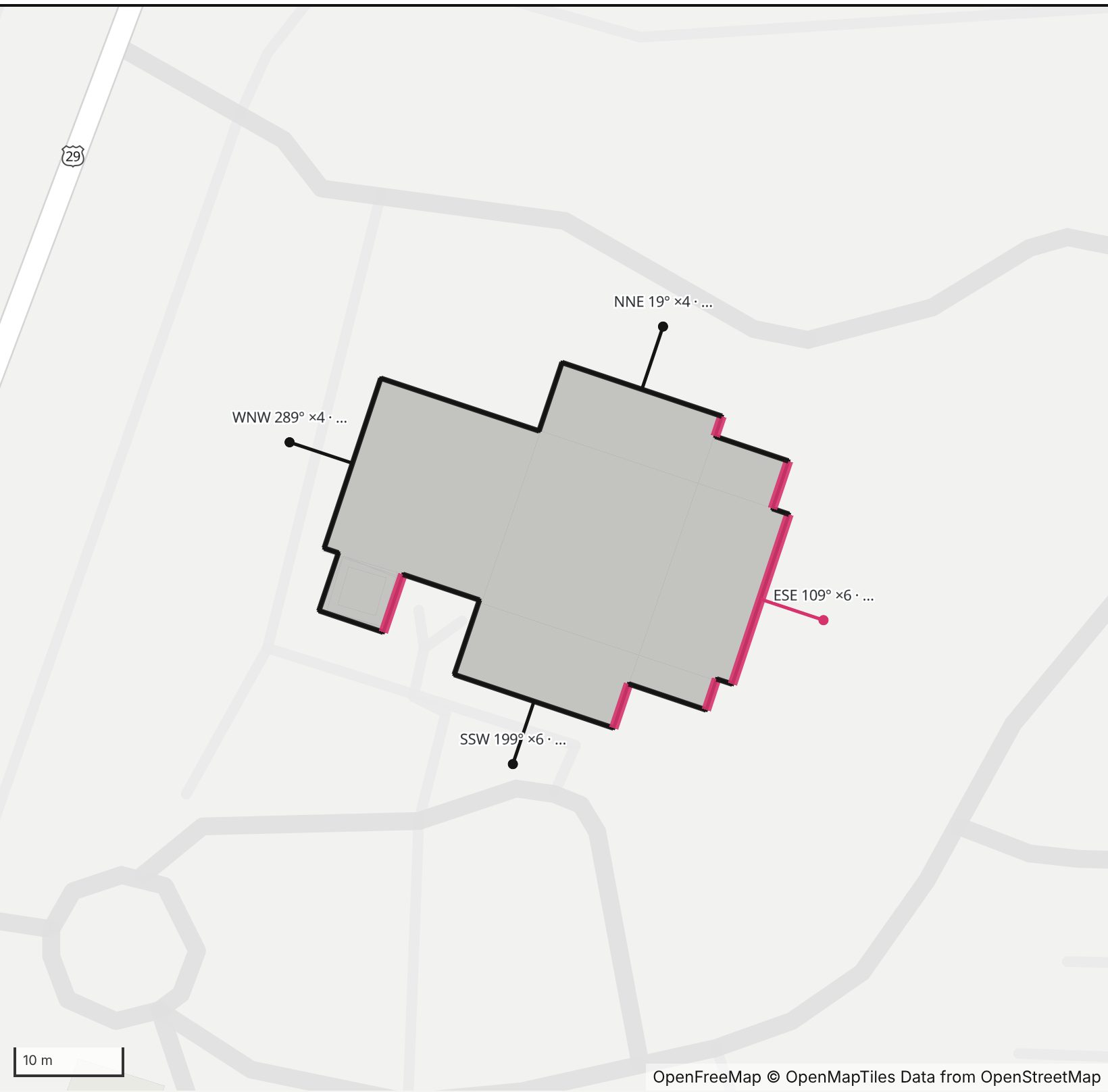 Map of Christ Church in Henge Days, with the east-southeast wall highlighted and every wall labeled with its bearing