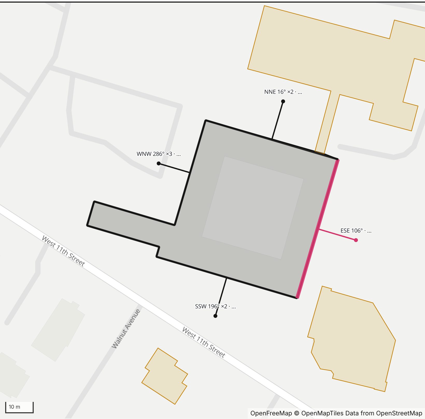 Map of Fishburne Military School in Henge Days, with the east-southeast wall highlighted and every wall labeled with its bearing