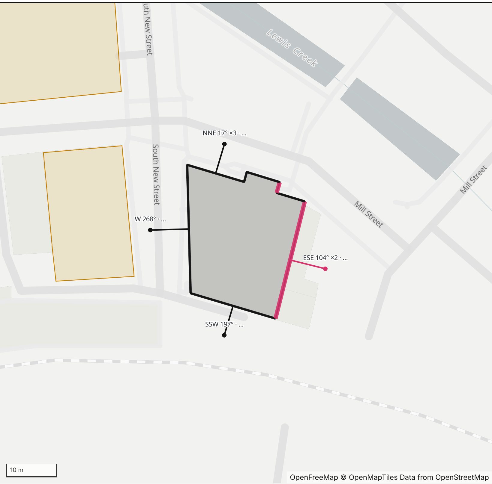 Map of White Star Mills in Henge Days, with the east-southeast wall highlighted and every wall labeled with its bearing