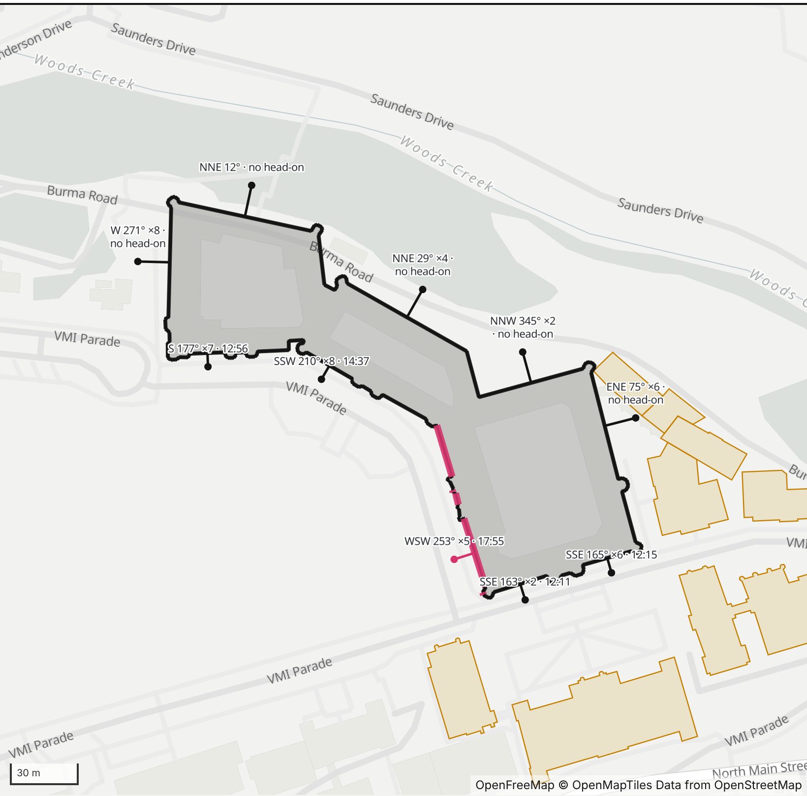 Map of Virginia Military Institute Barracks in Henge Days, with the west-southwest wall highlighted and every wall labeled with its bearing