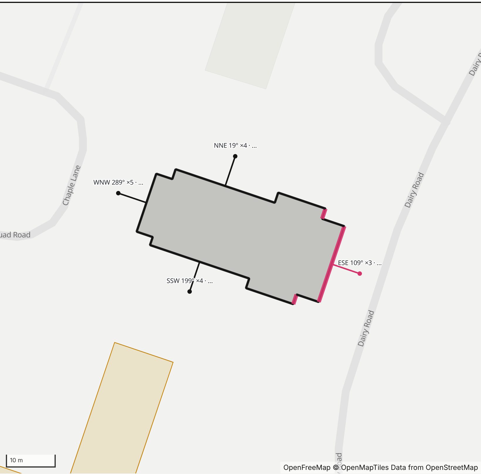 Map of Memorial Chapel in Henge Days, with the east-southeast wall highlighted and every wall labeled with its bearing
