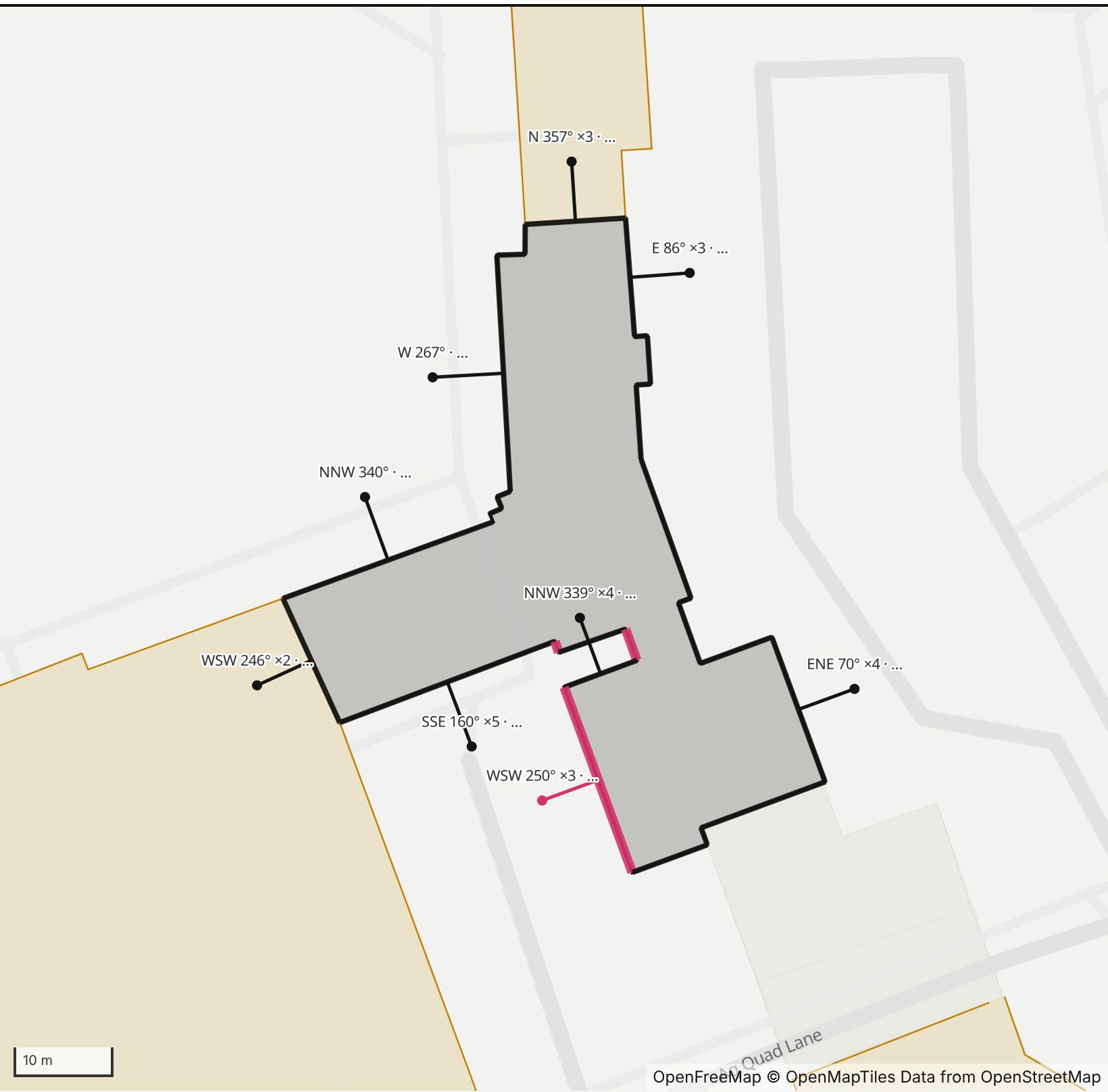Map of Smyth Hall in Henge Days, with the west-southwest wall highlighted and every wall labeled with its bearing