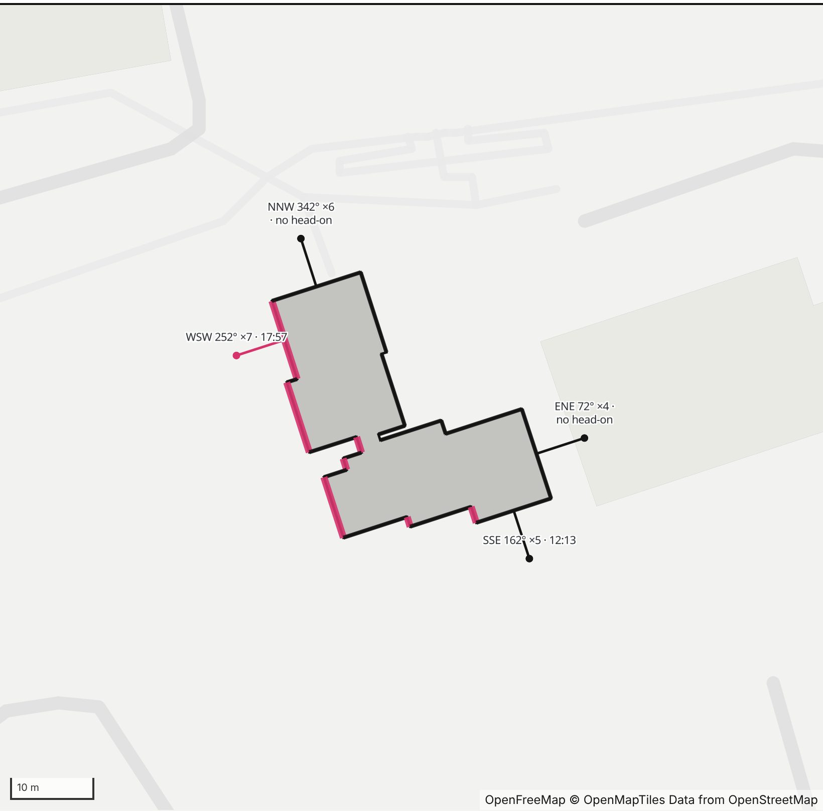 Map of Hotel Floyd in Henge Days, with the west-southwest wall highlighted and every wall labeled with its bearing