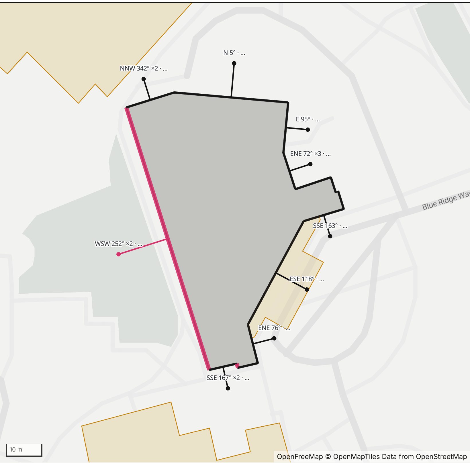 Map of Schaefer Center for the Performing Arts in Henge Days, with the west-southwest wall highlighted and every wall labeled with its bearing