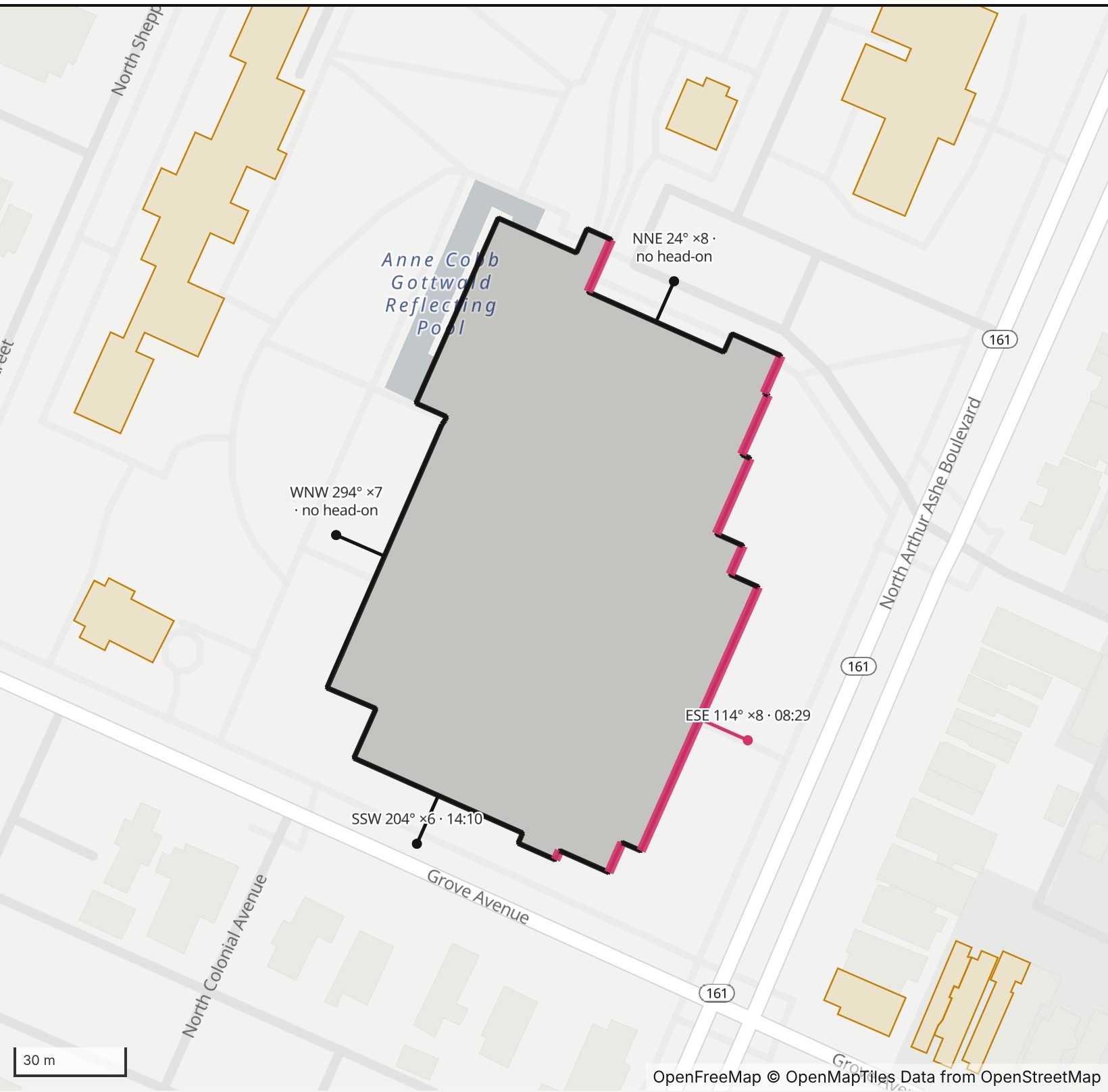 The Virginia Museum of Fine Arts in Henge Days, with its outline from OpenStreetMap and the wall facing Arthur Ashe Boulevard highlighted in pink.