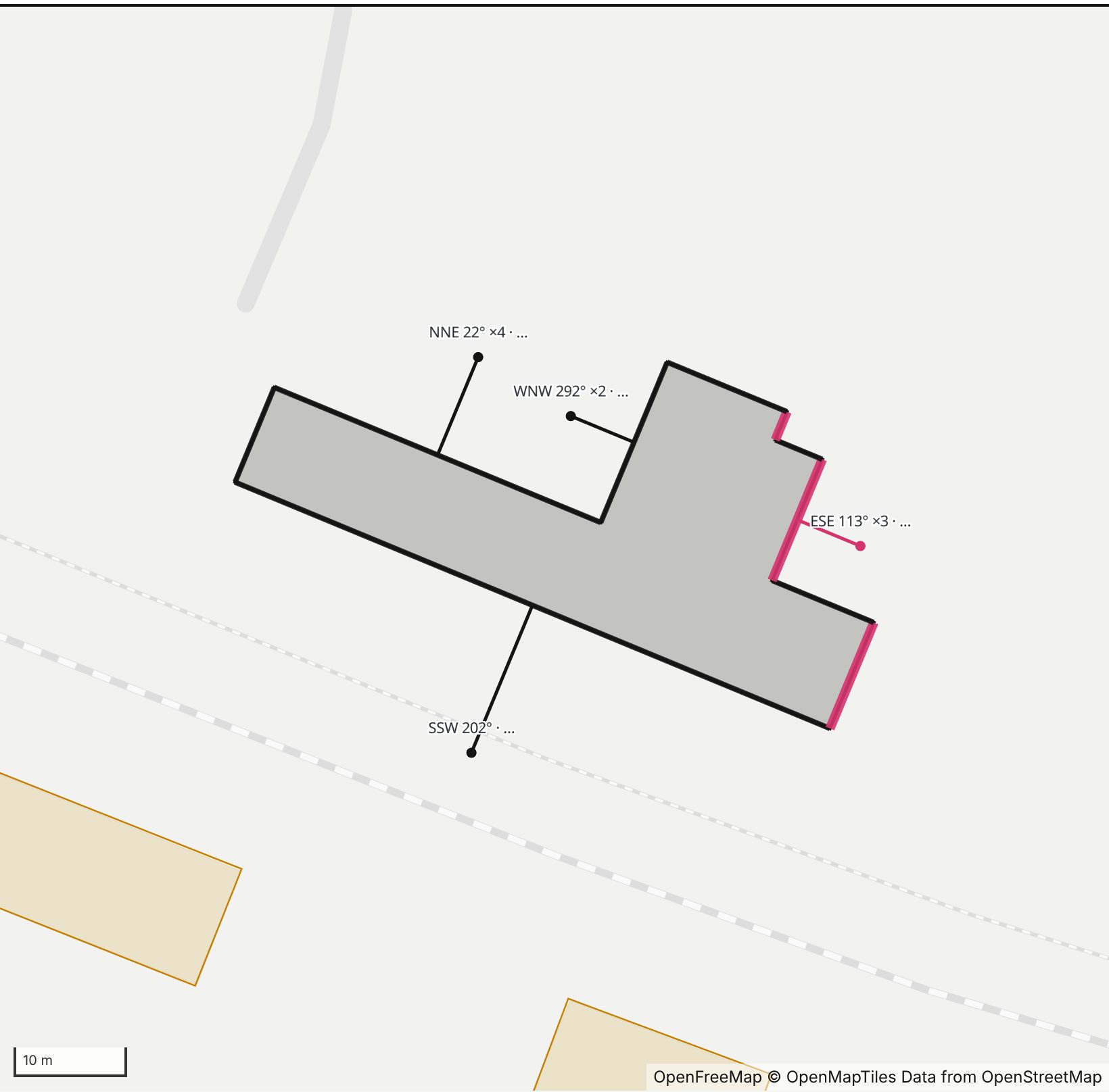 Map of Olde Liberty Station in Henge Days, with the east-southeast wall highlighted and every wall labeled with its bearing