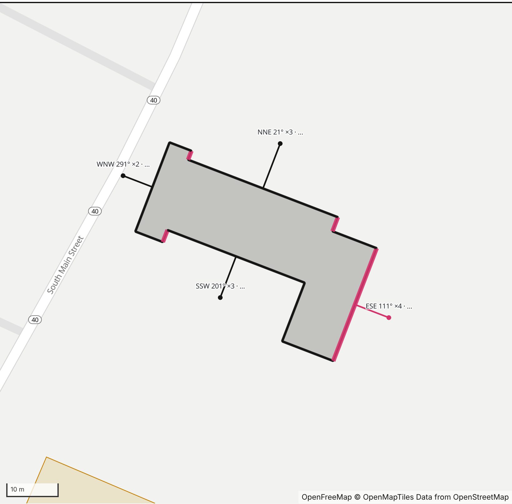 Map of Blackstone Baptist Church in Henge Days, with the east-southeast wall highlighted and every wall labeled with its bearing