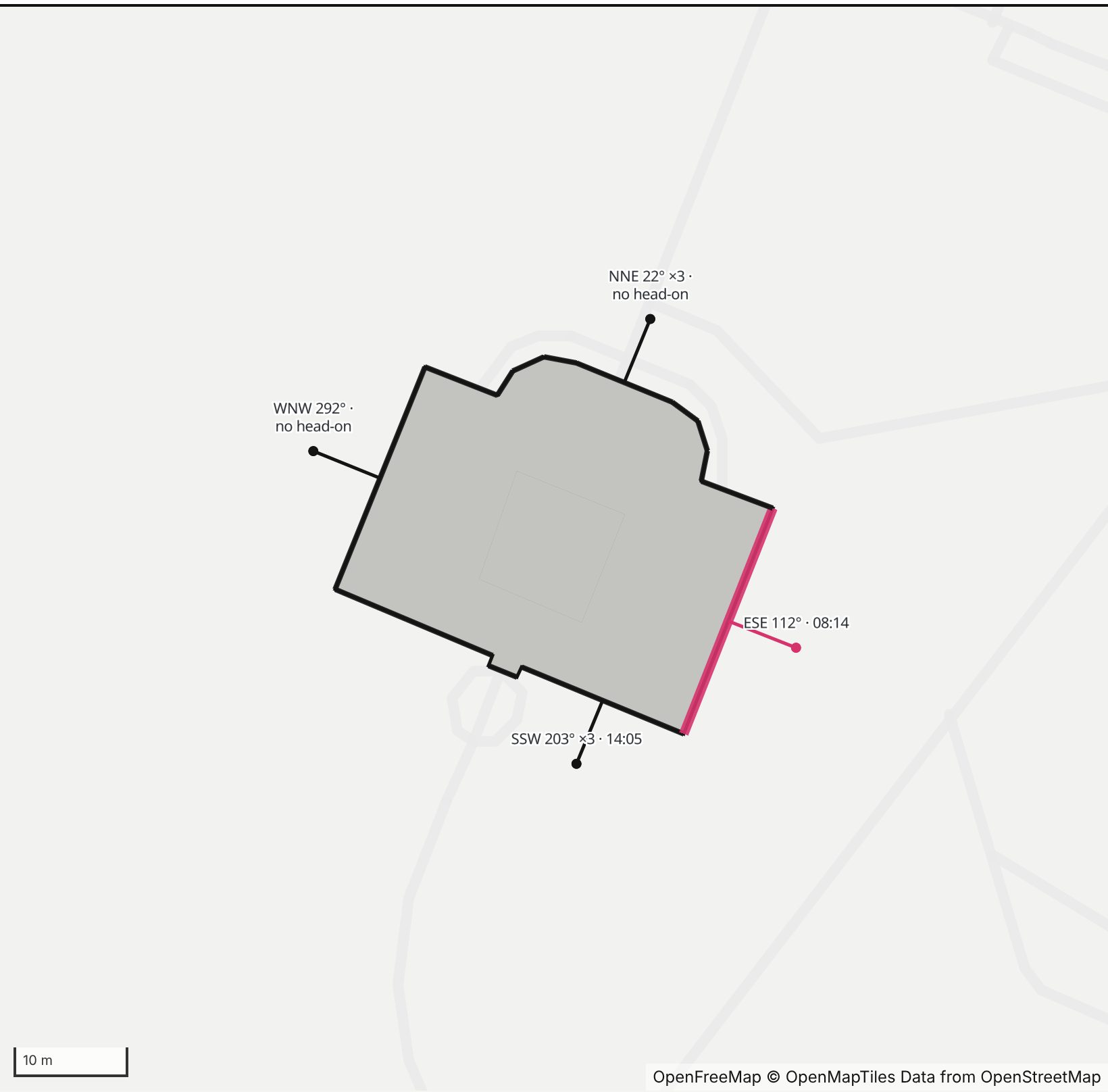 Map of Virginia War Memorial Carillon in Henge Days, with the east-southeast wall highlighted and every wall labeled with its bearing