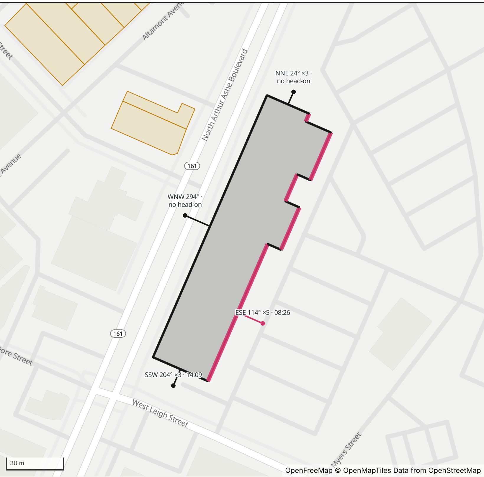 Map of Movieland in Henge Days, with the east-southeast wall highlighted and every wall labeled with its bearing