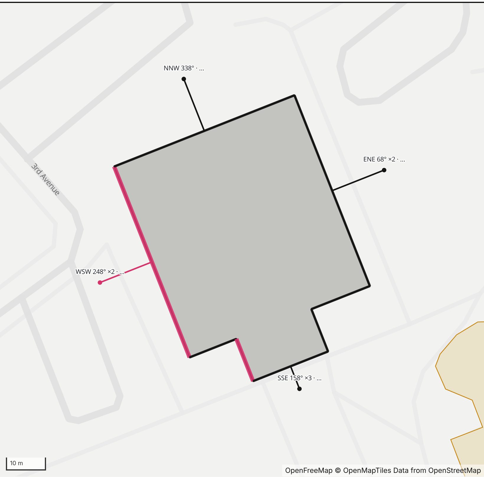 Map of Johnston Memorial Library in Henge Days, with the west-southwest wall highlighted and every wall labeled with its bearing