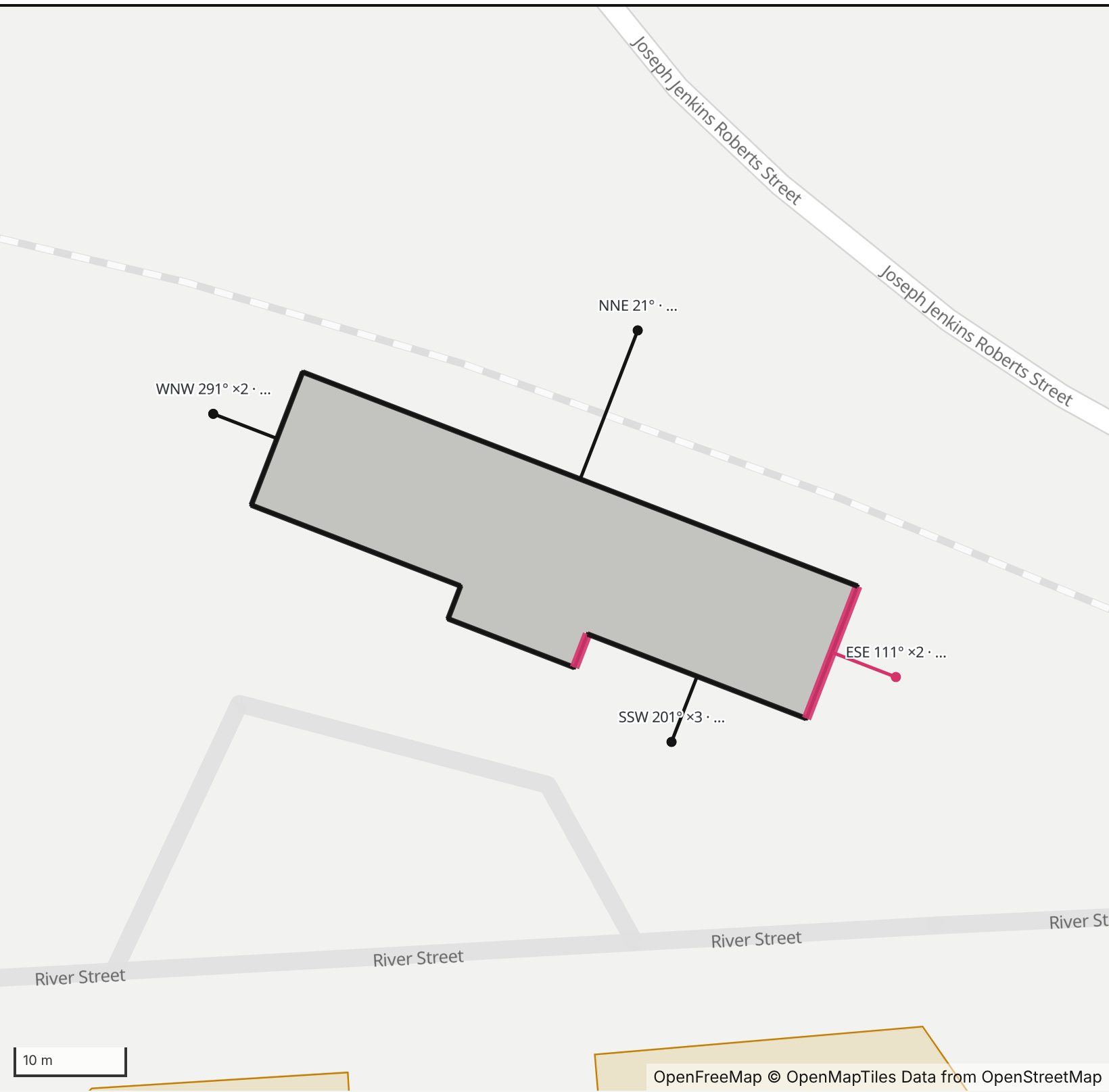 Map of Petersburg Union Station in Henge Days, with the east-southeast wall highlighted and every wall labeled with its bearing
