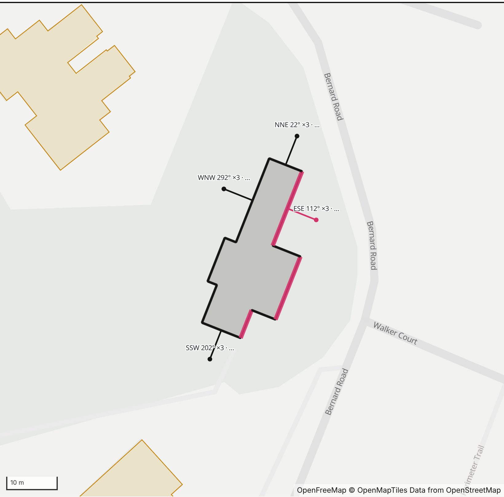 Map of Quarters #1 in Henge Days, with the east-southeast wall highlighted and every wall labeled with its bearing