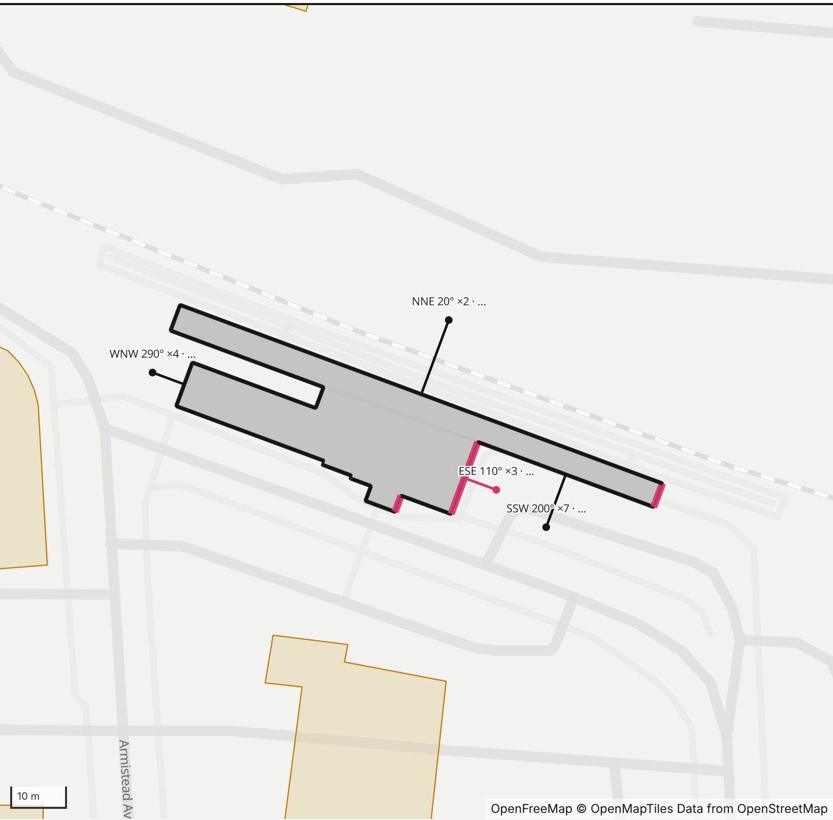 Map of Williamsburg Transportation Center in Henge Days, with the east-southeast wall highlighted and every wall labeled with its bearing