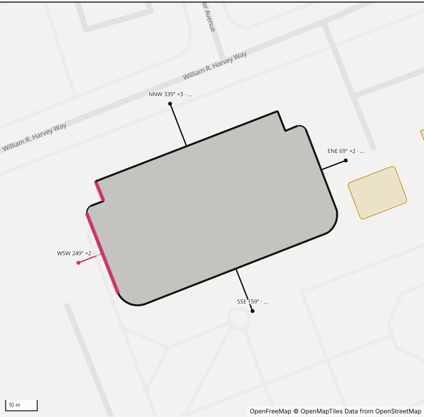 Map of William R. and Norma B. Harvey Library in Henge Days, with the west-southwest wall highlighted and every wall labeled with its bearing