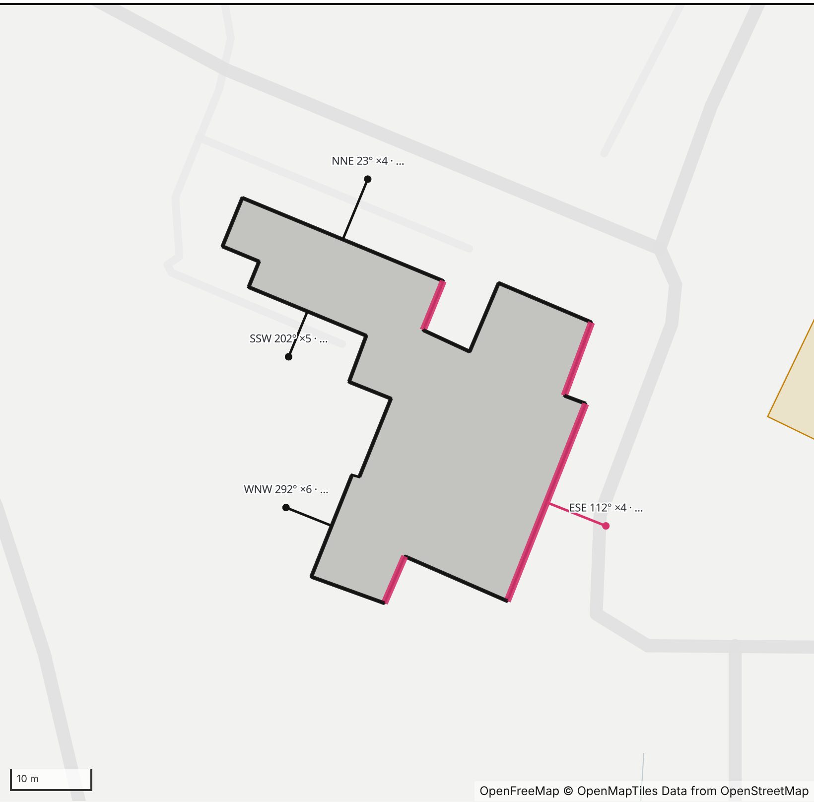 Map of Gregg Museum of Art and Design in Henge Days, with the east-southeast wall highlighted and every wall labeled with its bearing