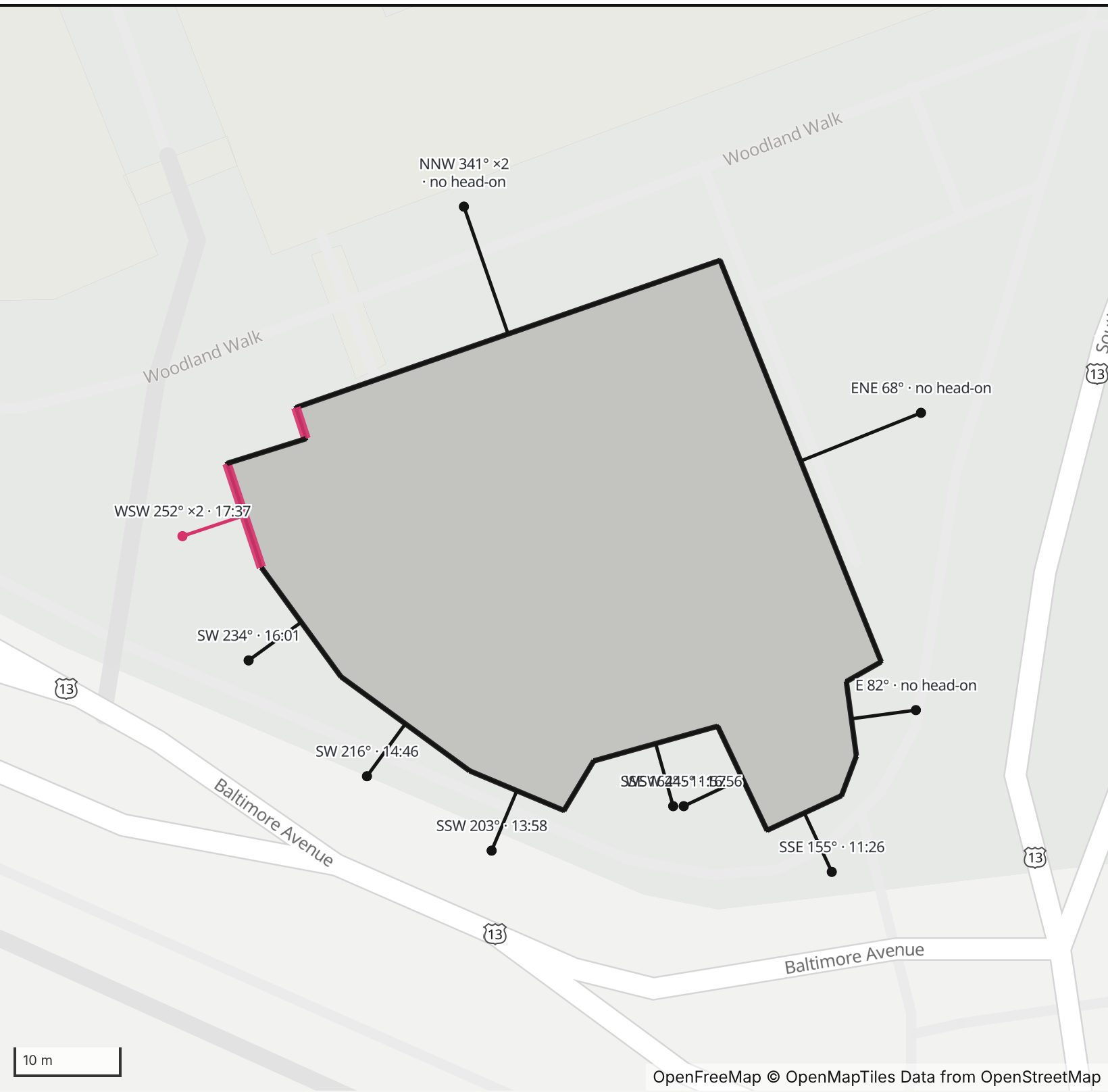 Map of the Hill Pavilion at the University of Pennsylvania in Henge Days, beside Woodland Walk and Baltimore Avenue, with its west-southwest wall highlighted in pink and every wall labeled with its bearing.