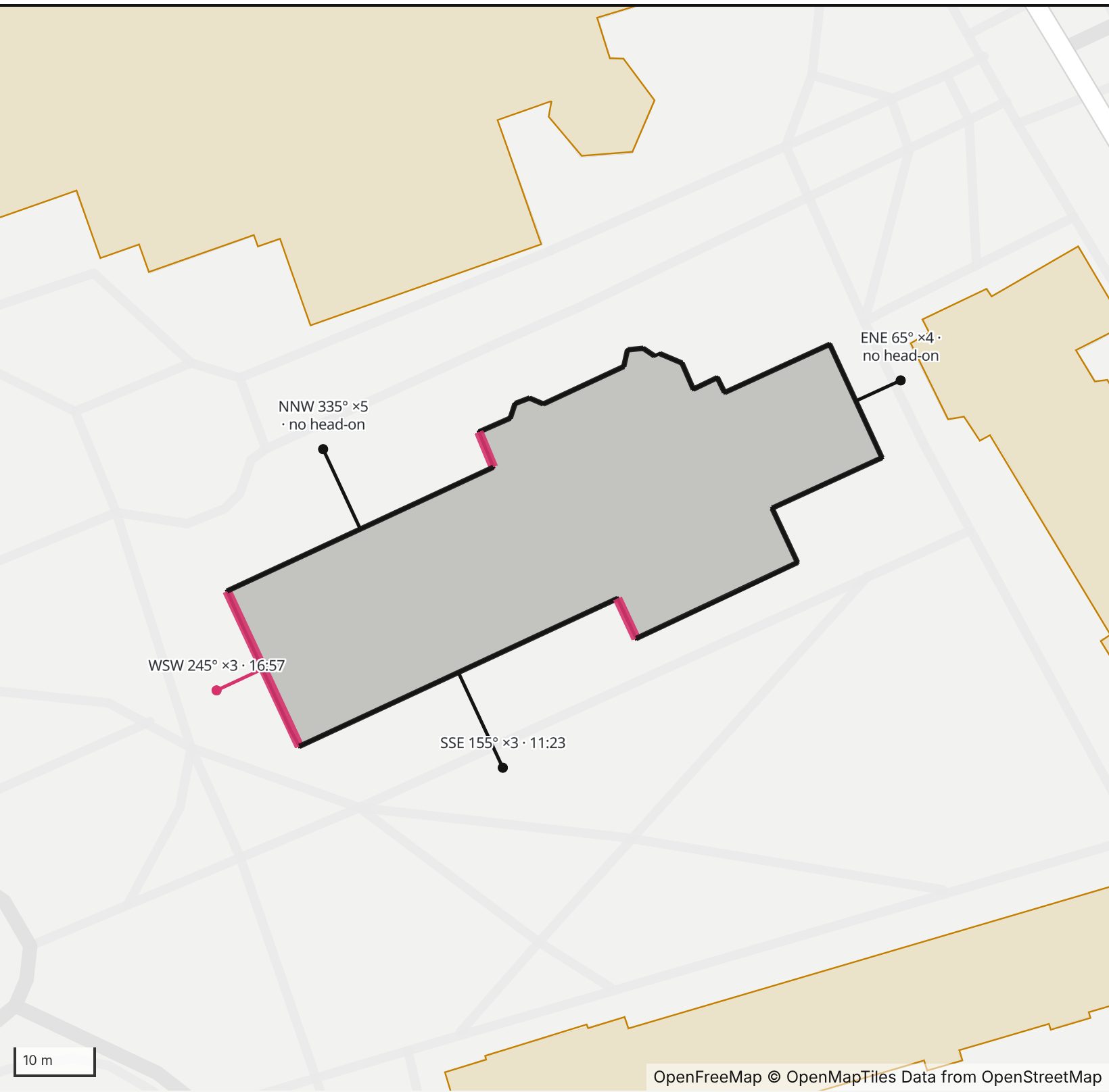Map of the Princeton University Chapel in Henge Days, with its west-southwest wall highlighted in pink and every wall labeled with its bearing.