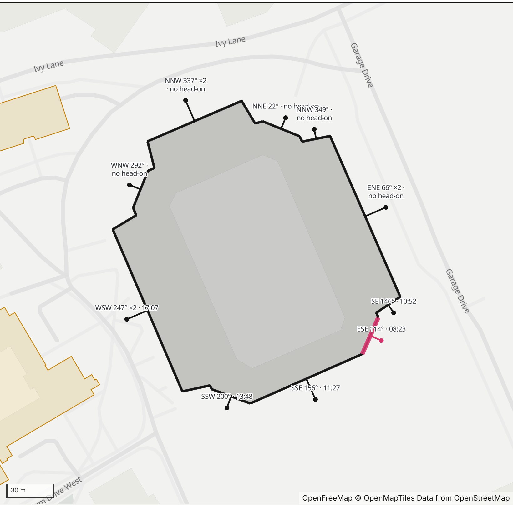 Map of Princeton Stadium in Henge Days, with the east-southeast wall highlighted and every wall labeled with its bearing
