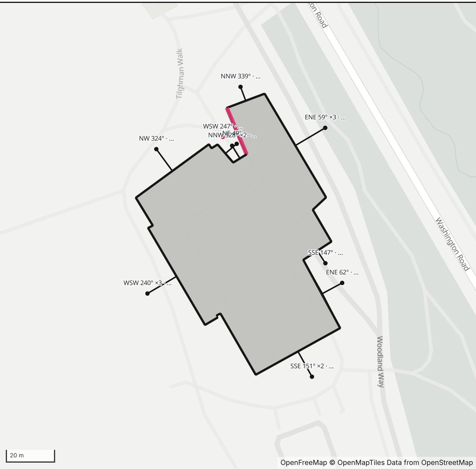 Map of The five-story university building on Woodland Way in Henge Days, with the west-southwest wall highlighted and every wall labeled with its bearing