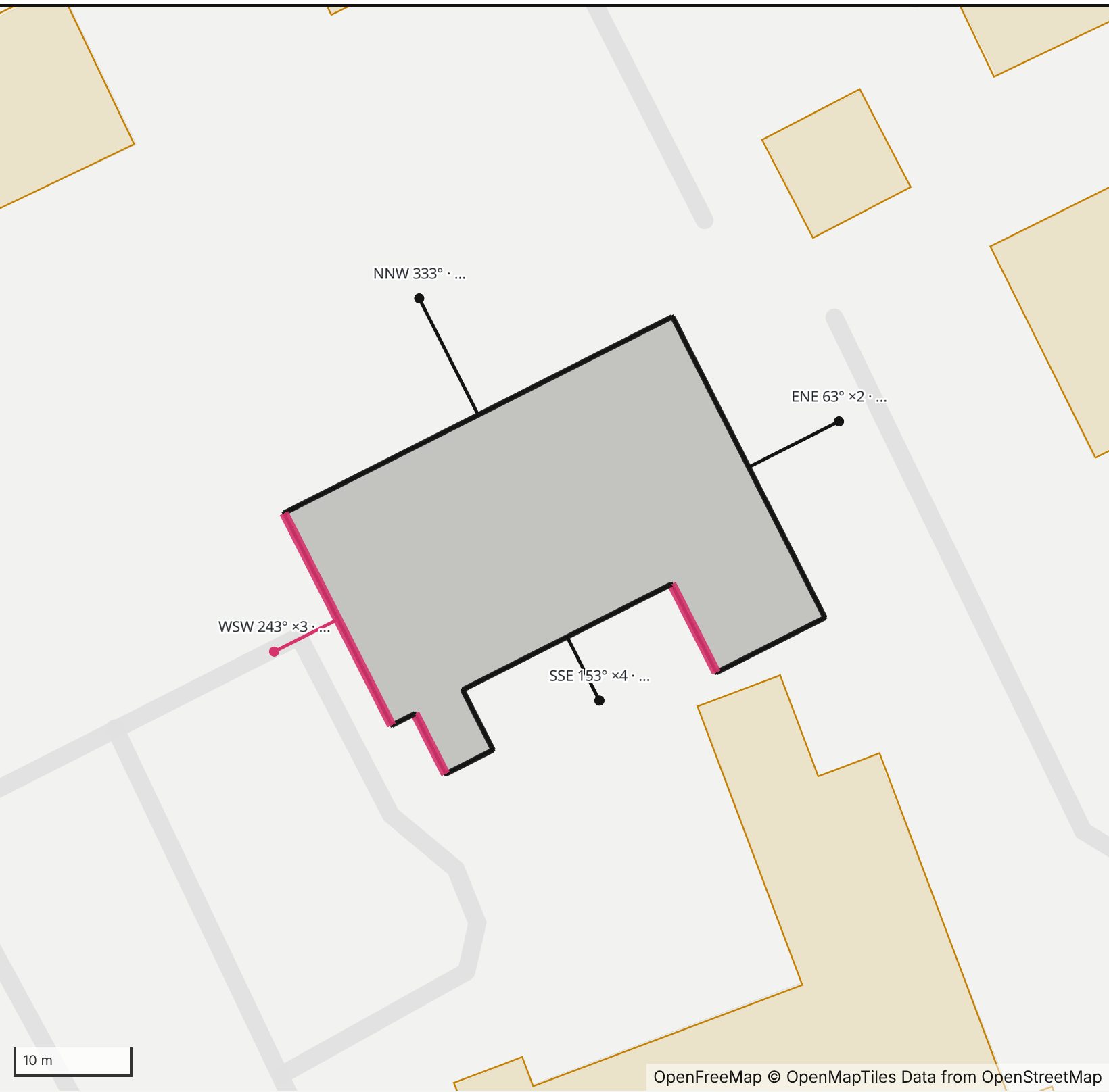 Map of The Suzanne Patterson Center on Monument Drive in Henge Days, with the west-southwest wall highlighted and every wall labeled with its bearing