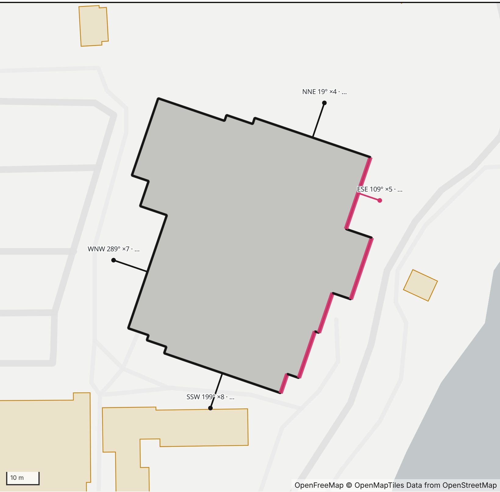 Map of the Harold and Ted Alfond Sports Center at Rollins College in Henge Days, with its east-southeast wall highlighted in pink, Lake Virginia at the lower right and every wall labeled with its bearing.