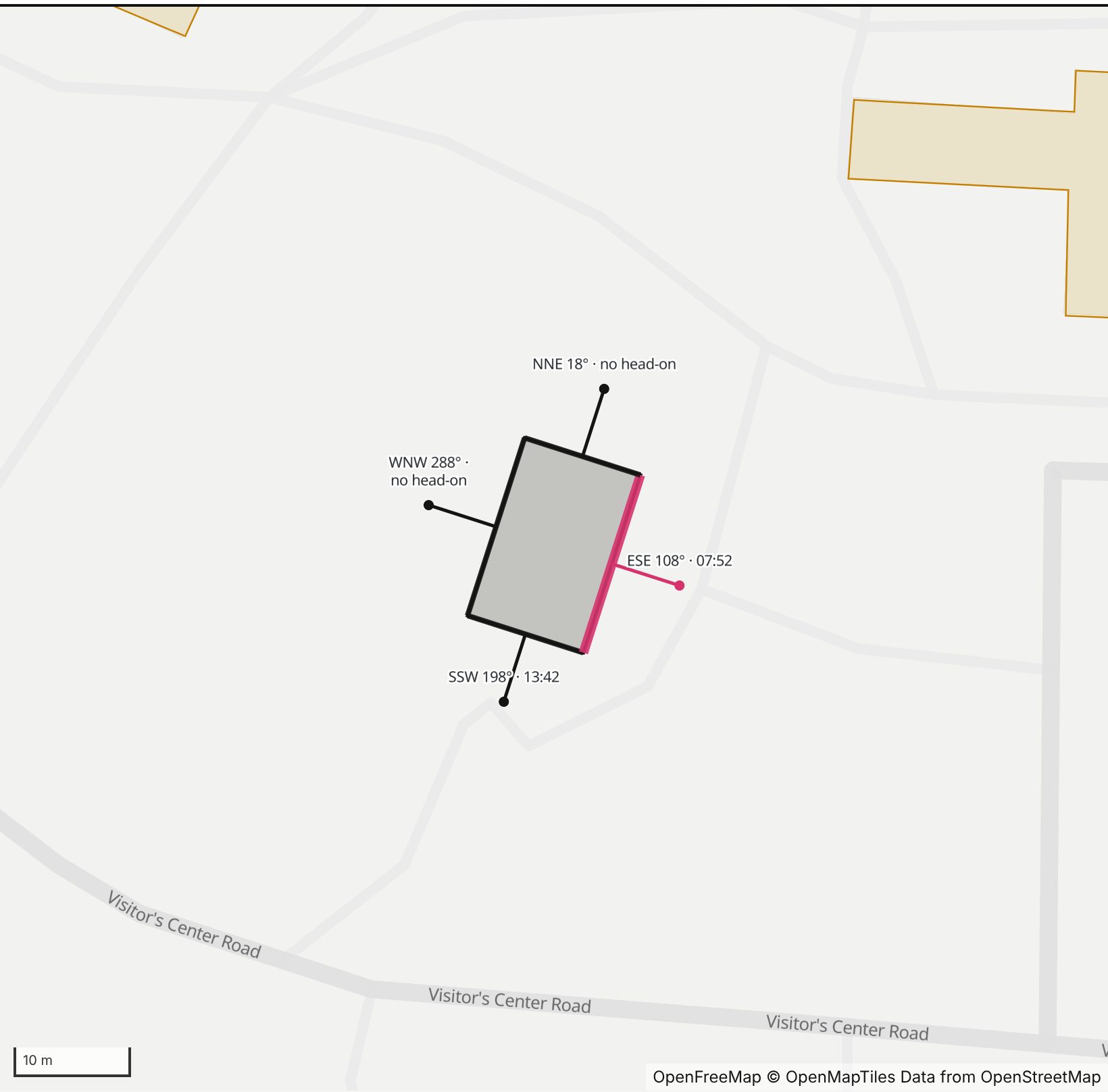 Map of Benjamin West House in Henge Days, with the east-southeast wall highlighted and every wall labeled with its bearing