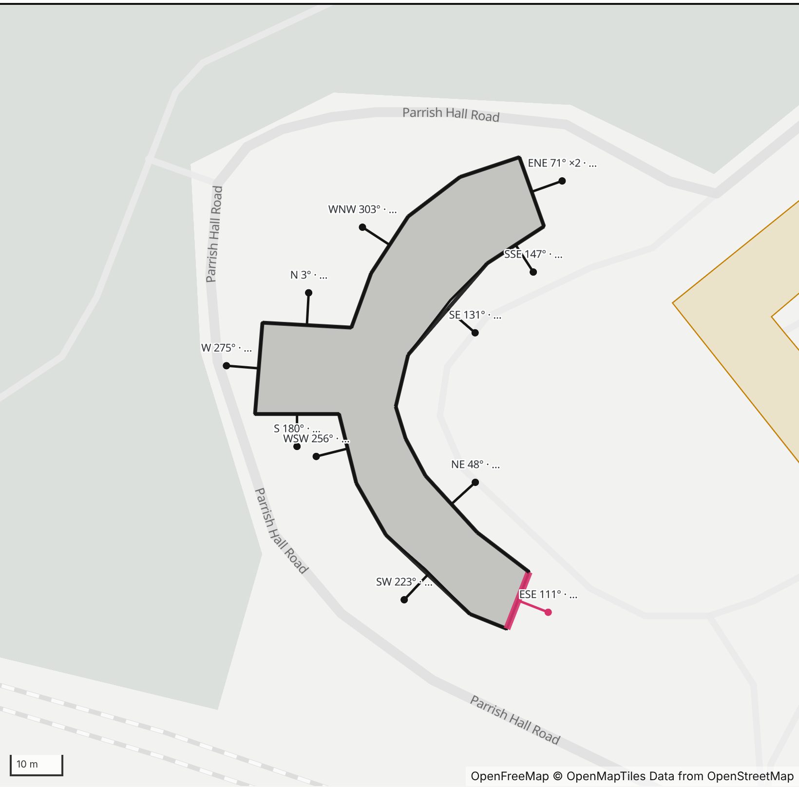 Map of Dana Hall and Hallowell Hall in Henge Days, with the east-southeast wall highlighted and every wall labeled with its bearing
