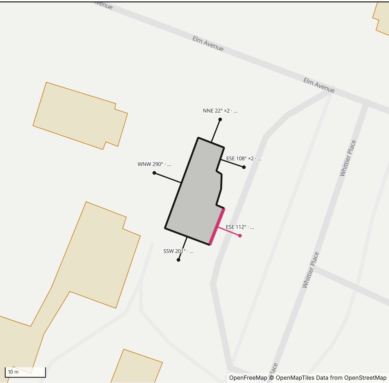 Map of Kyle House in Henge Days, with the east-southeast wall highlighted and every wall labeled with its bearing