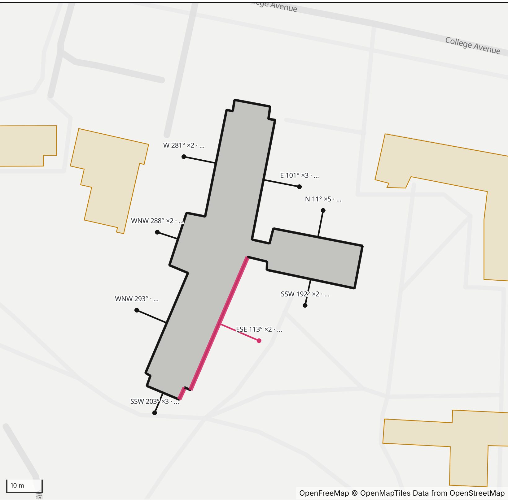 Map of Willets Hall at Swarthmore College in Henge Days, with its east-southeast wall highlighted in pink and every wall labeled with its bearing.