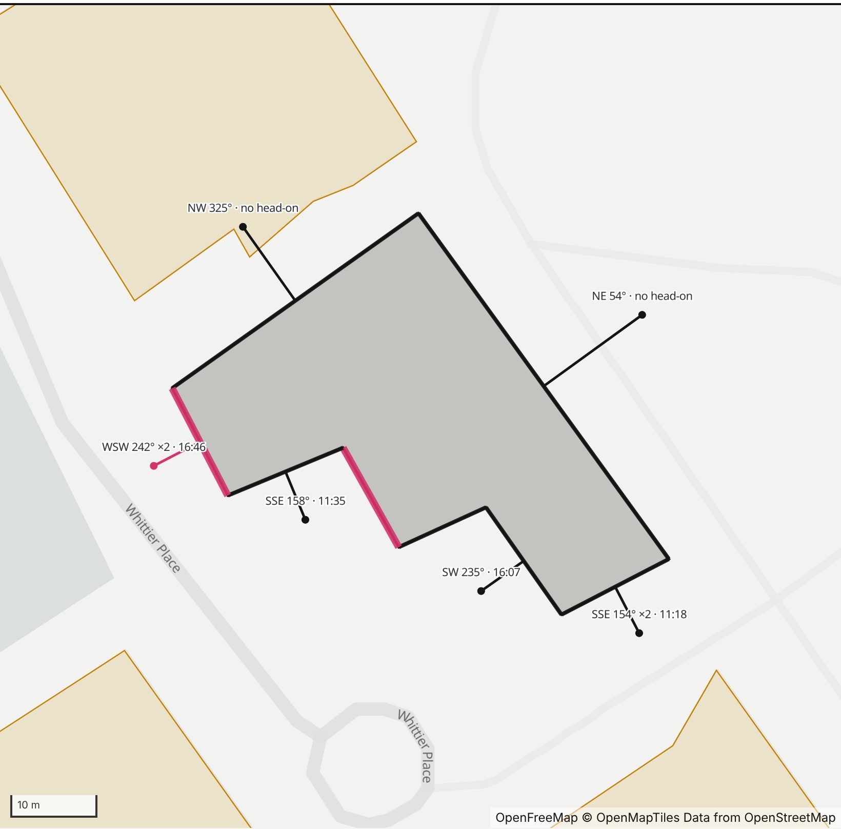 Map of Martin Hall in Henge Days, with the west-southwest wall highlighted and every wall labeled with its bearing