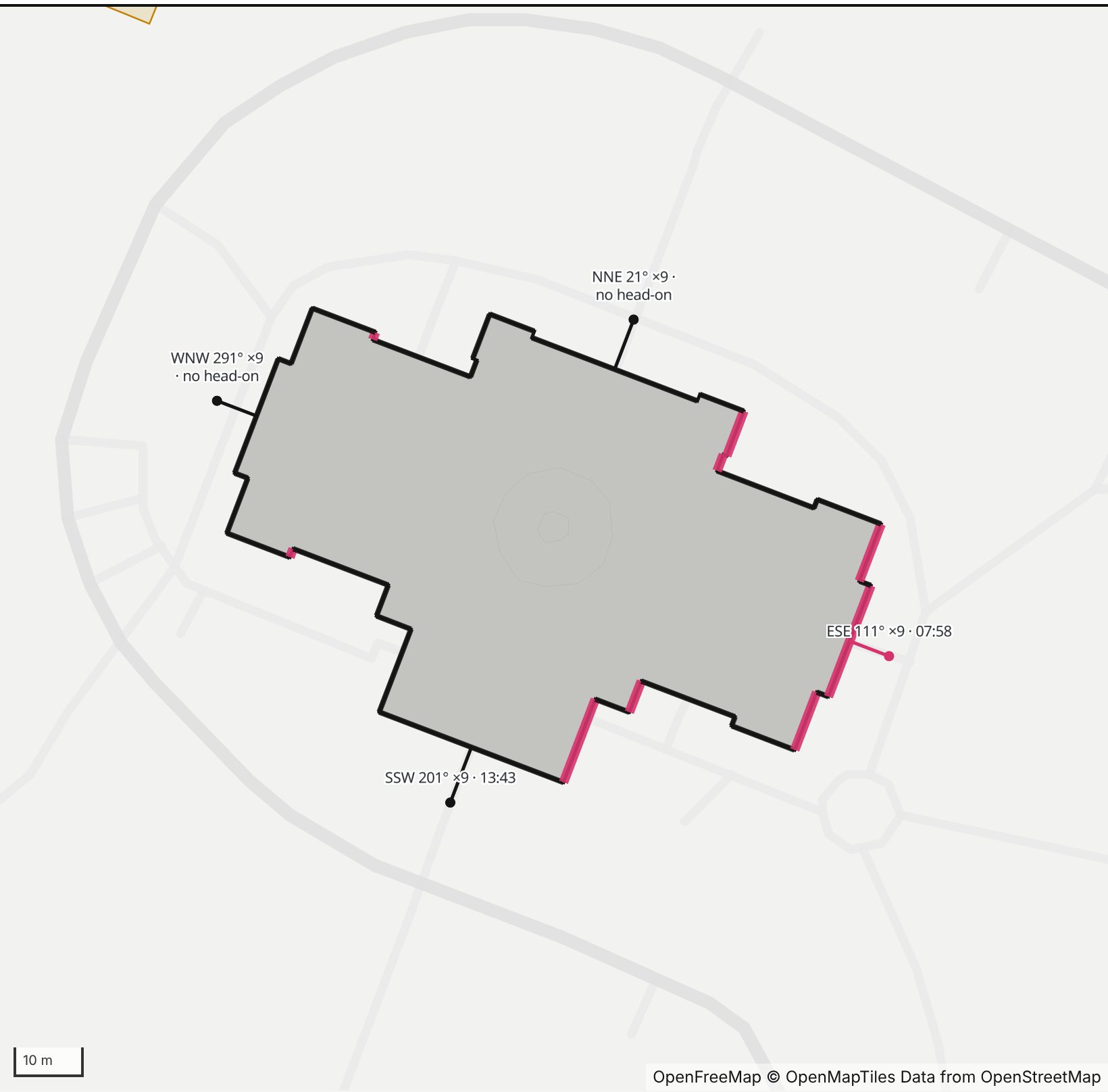Map of the Connecticut State Capitol in Henge Days, with its east-southeast wall highlighted in pink and every wall labeled with its bearing.