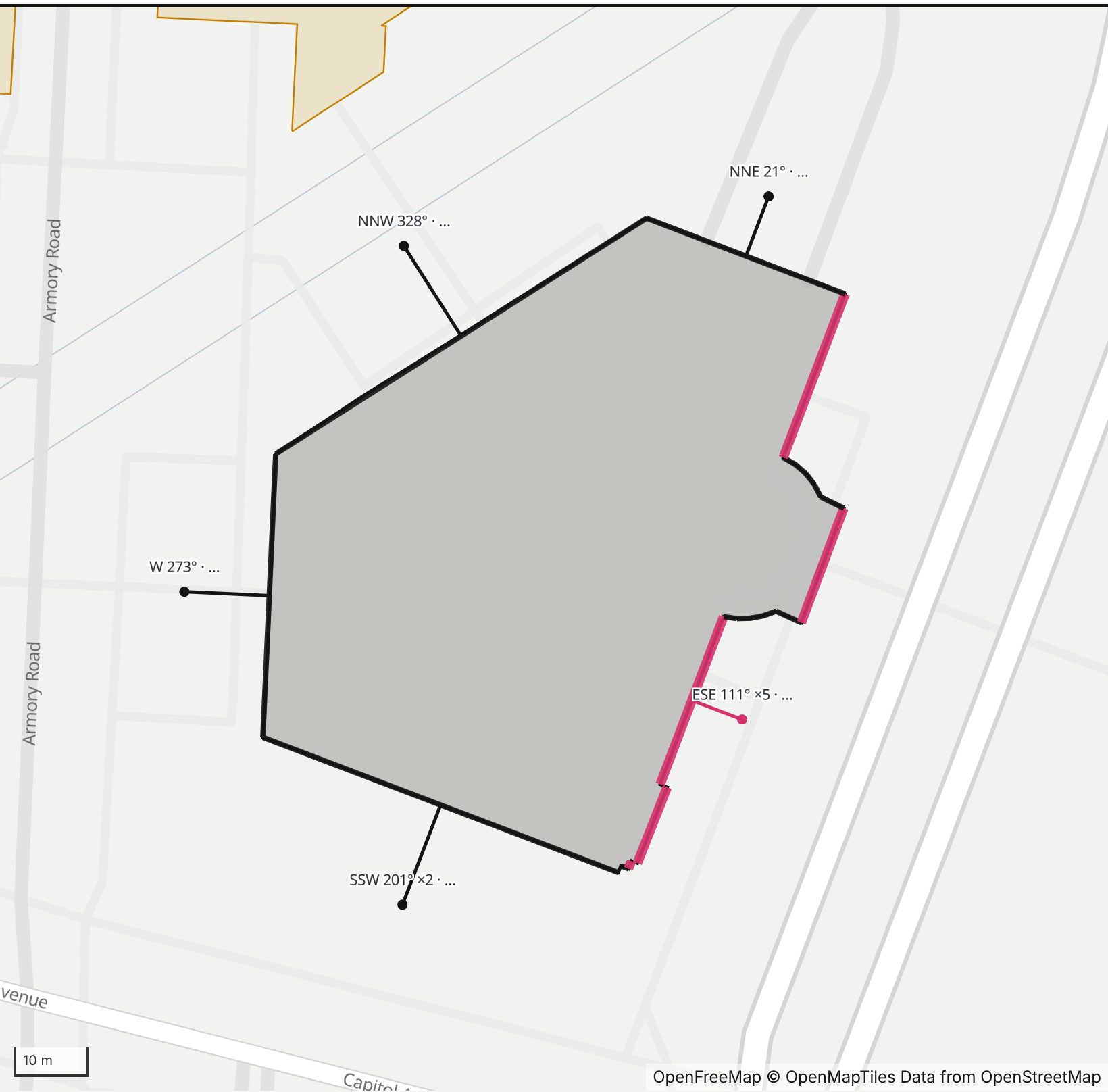 Map of Legislative Office Building in Henge Days, with the east-southeast wall highlighted and every wall labeled with its bearing
