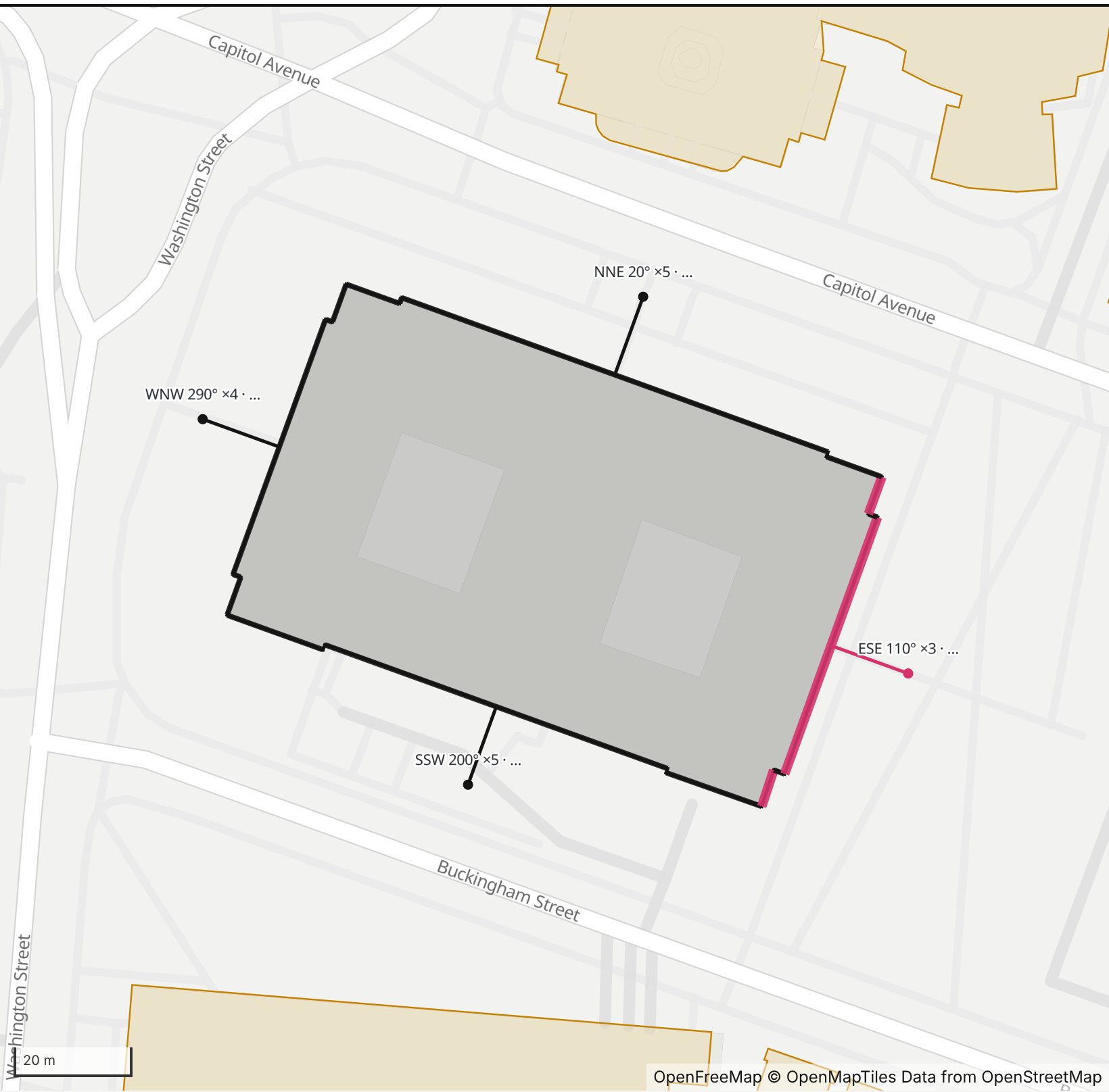 Map of State Office Building in Henge Days, with the east-southeast wall highlighted and every wall labeled with its bearing
