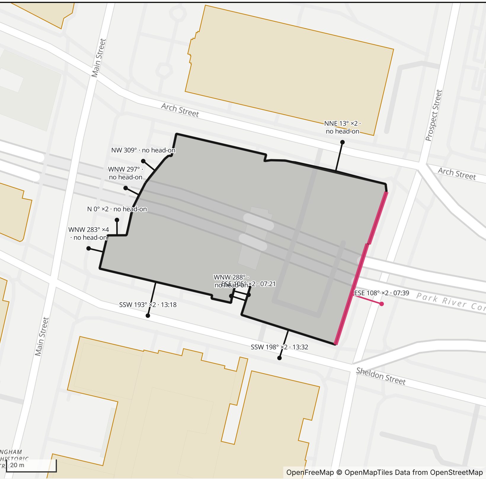 Map of Hartford Public Library in Henge Days, with the east-southeast wall highlighted and every wall labeled with its bearing