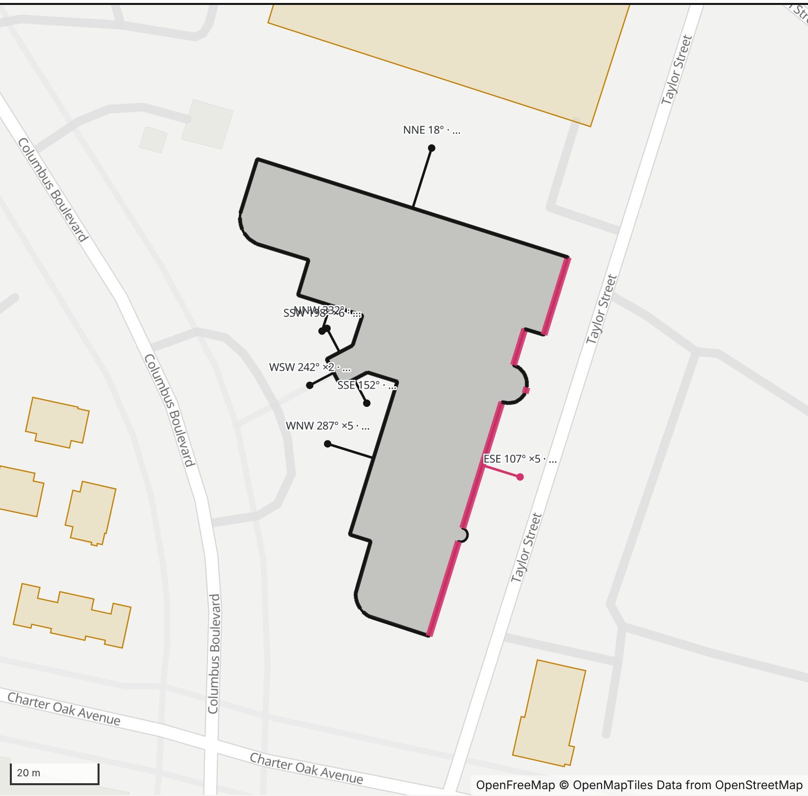 Map of Hartford Square North in Henge Days, with the east-southeast wall highlighted and every wall labeled with its bearing