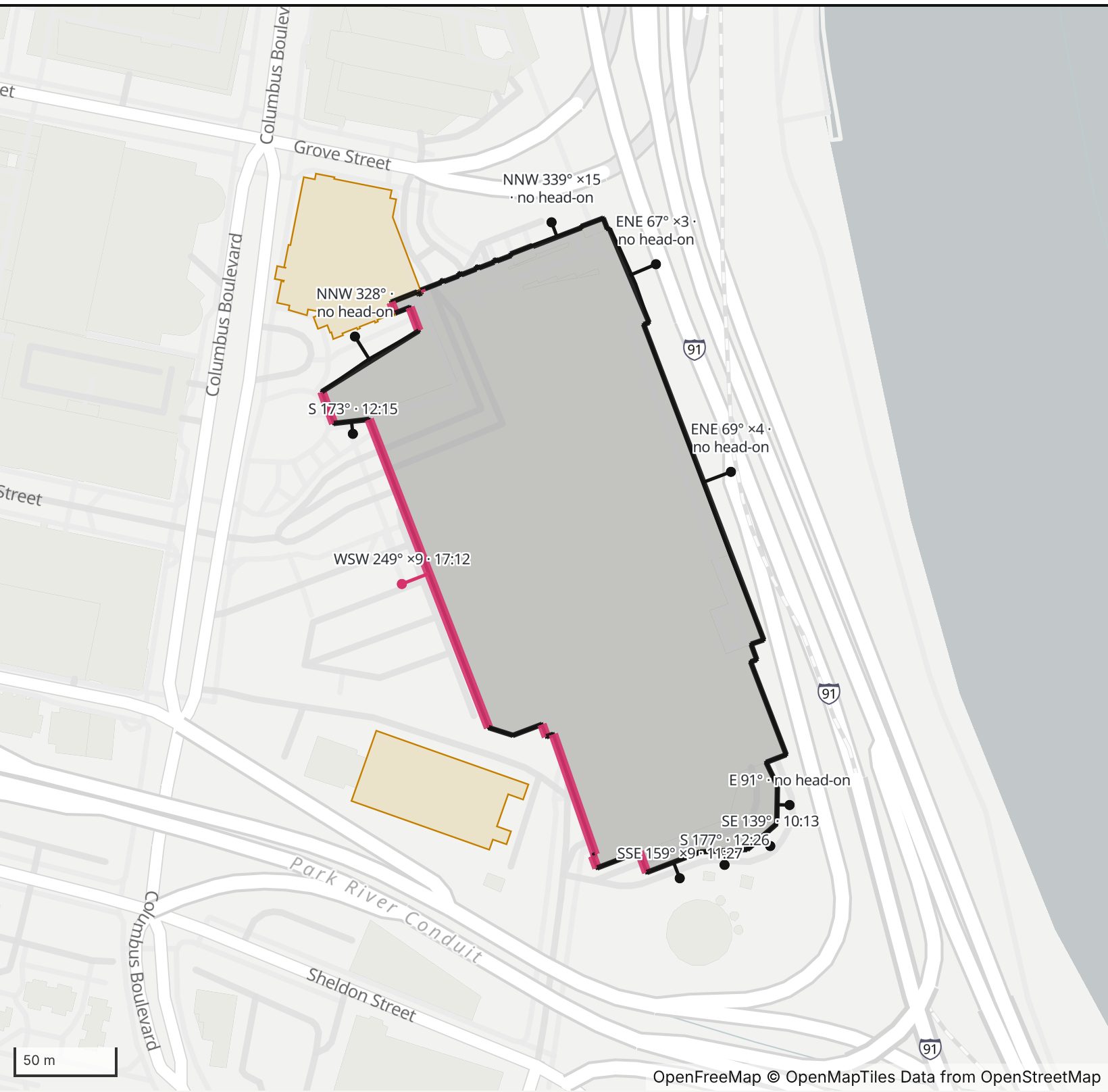 Map of Connecticut Convention Center in Henge Days, with the west-southwest wall highlighted and every wall labeled with its bearing